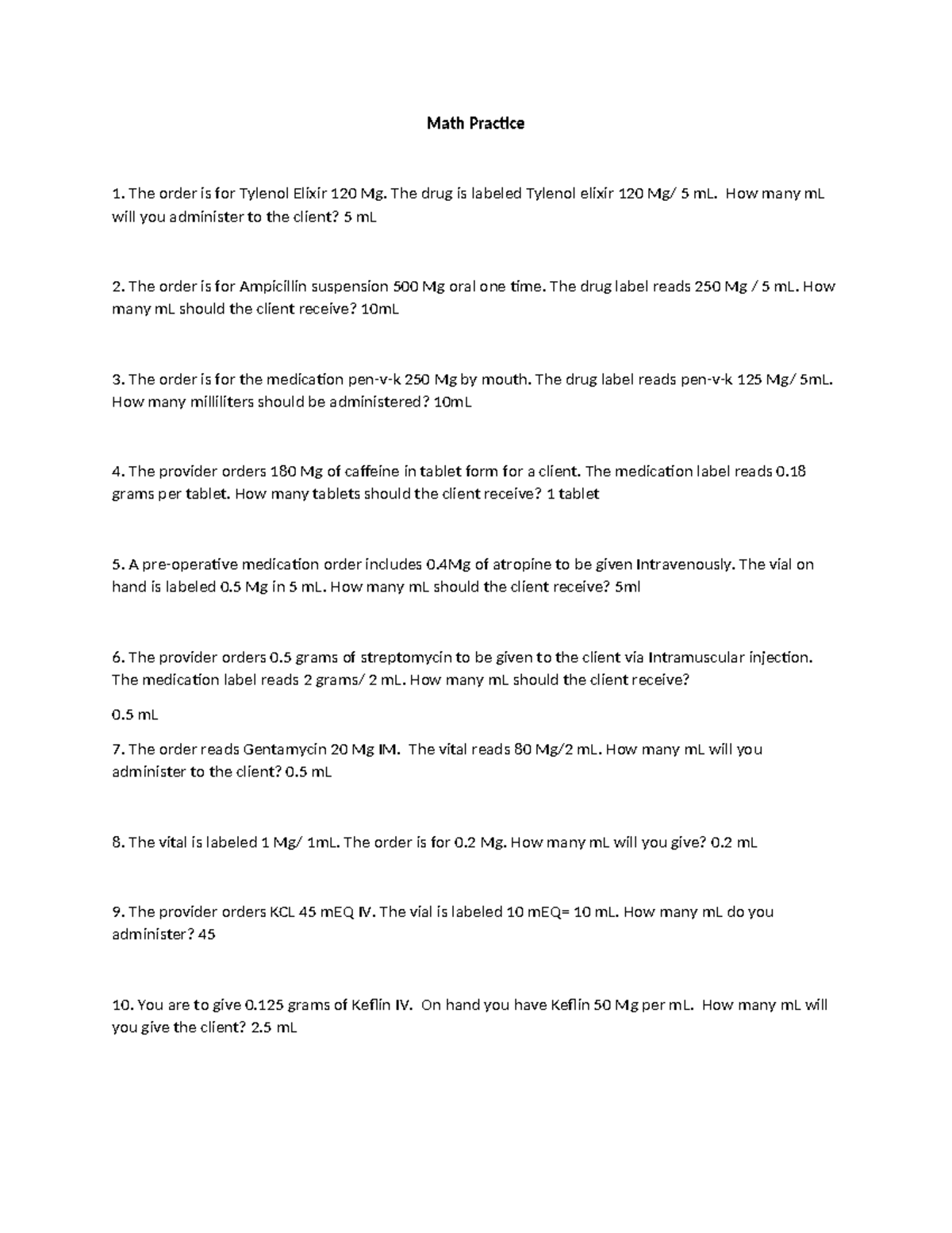 Math Practice - Math Practice The order is for Tylenol Elixir 120 Mg ...