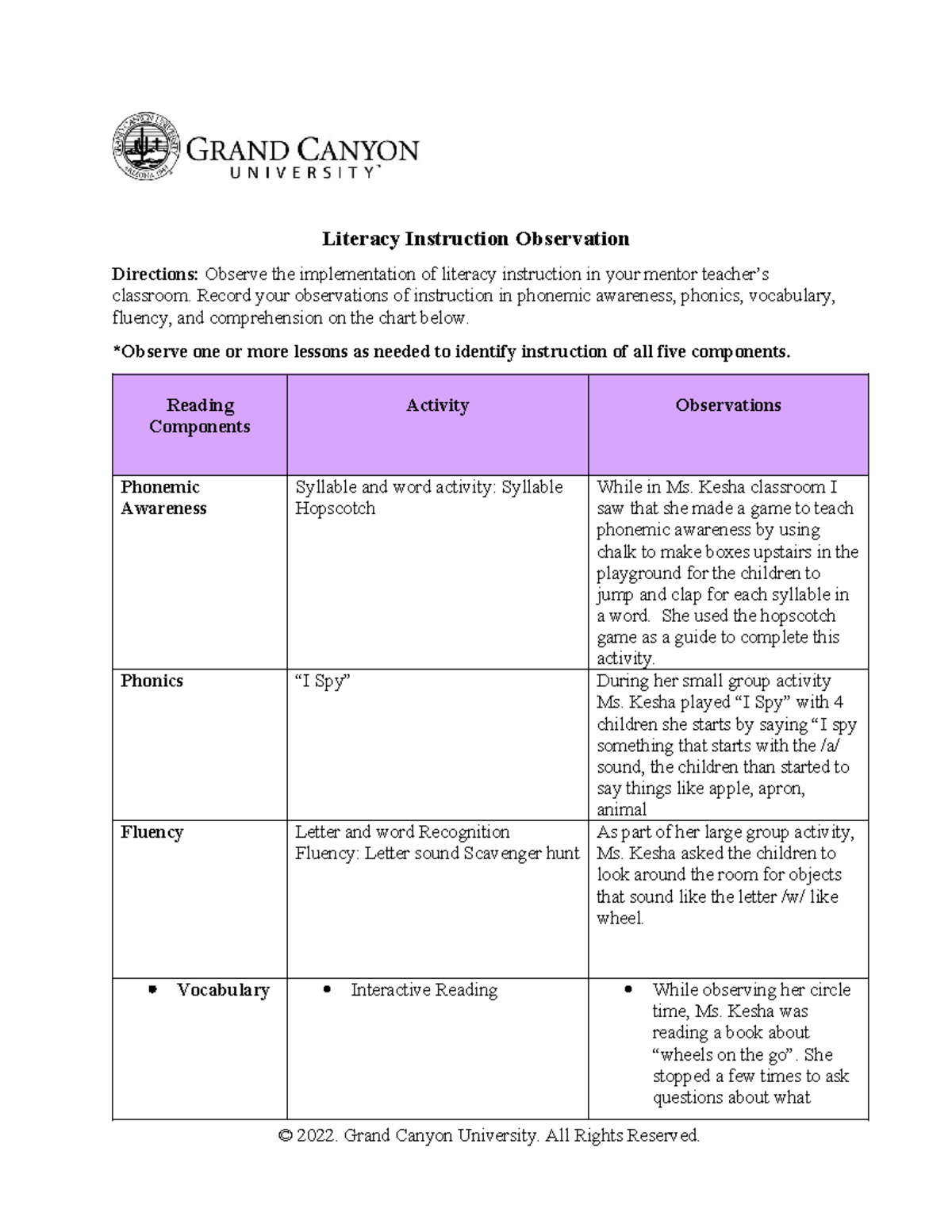 ECS 575 RS T2 Literacy Instruction Observation Report - Studocu