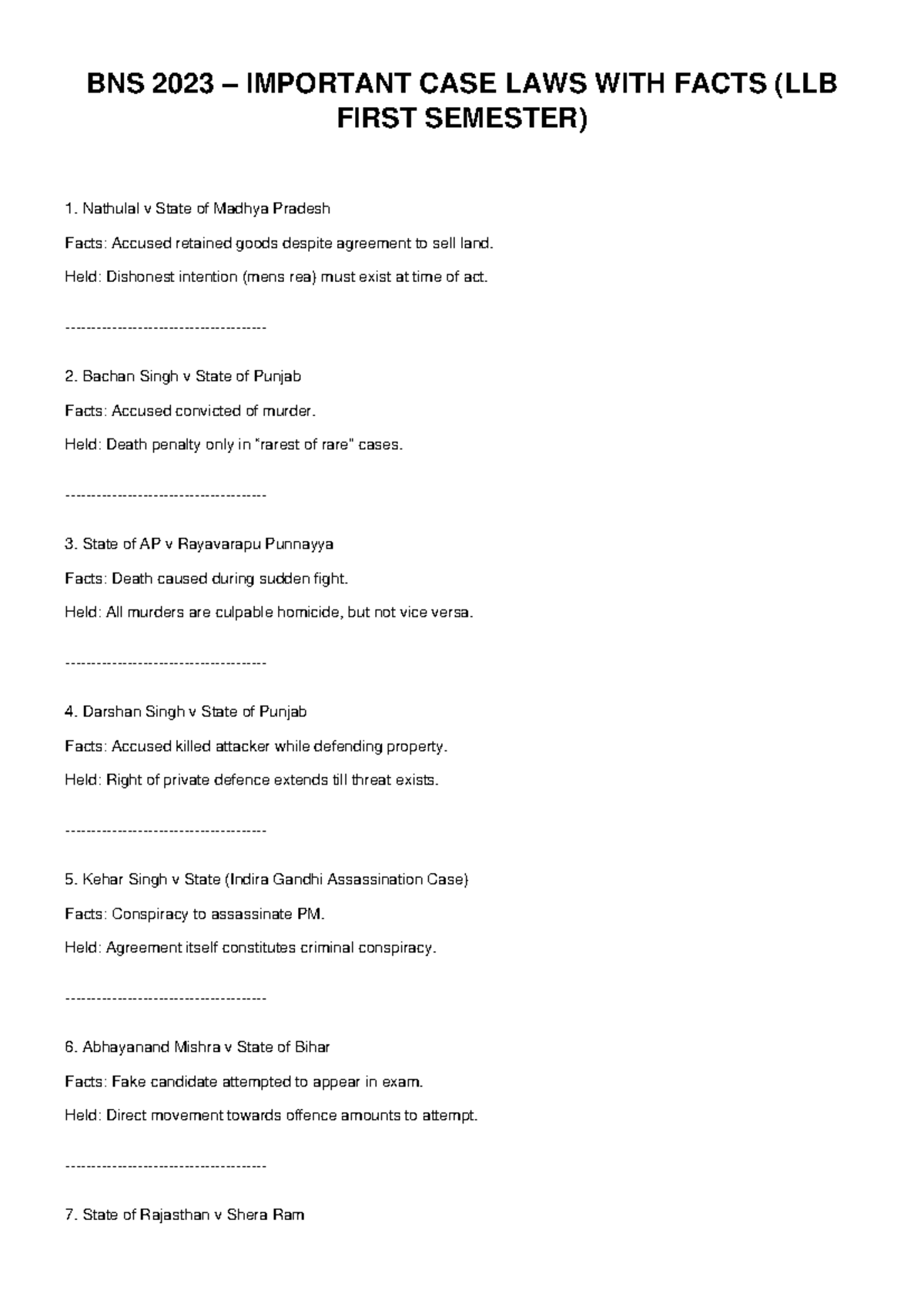 BNS 2023 CASE LAWS WITH FACTS (LLB FIRST SEMESTER) - Studocu