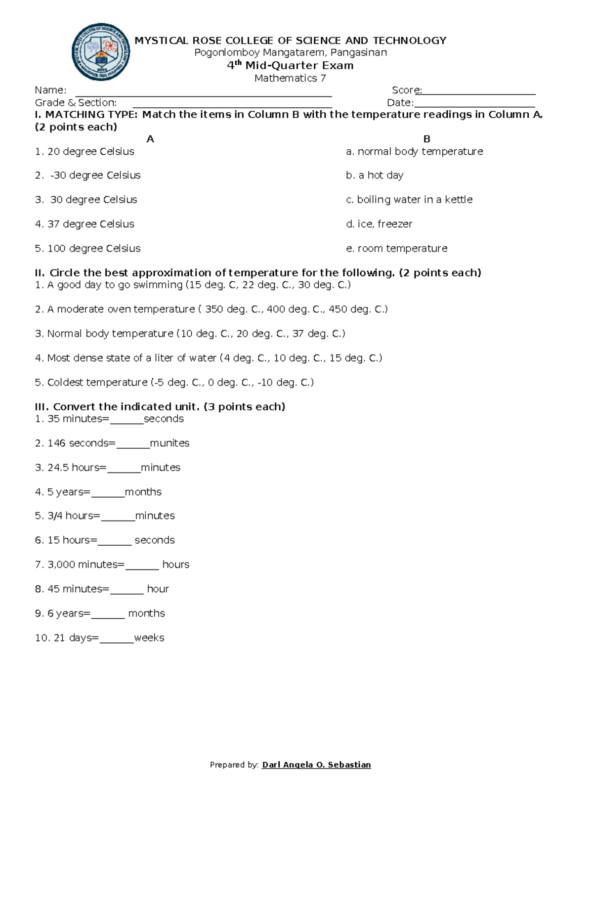 Mathematics 7 Midterm Exam Q4-21 Temperature Readings and Conversions ...