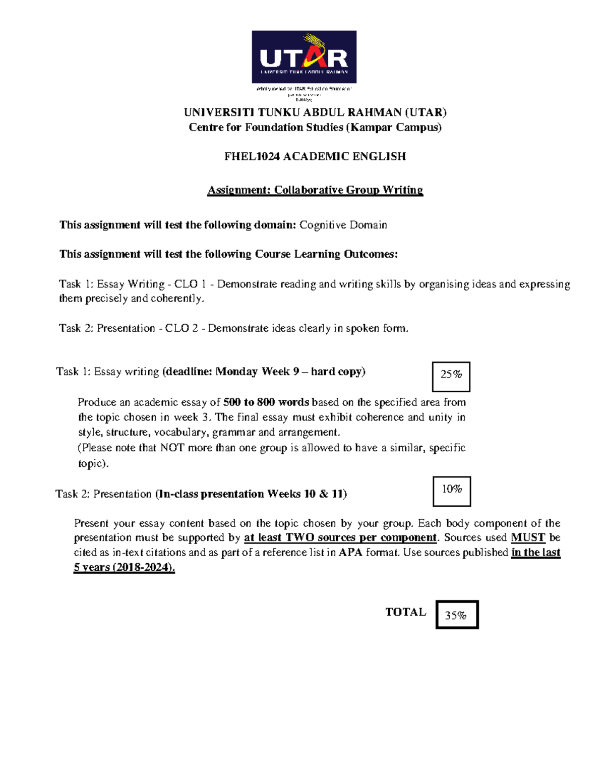 Assignment Task Sheet 202406 - UNIVERSITI TUNKU ABDUL RAHMAN (UTAR ...