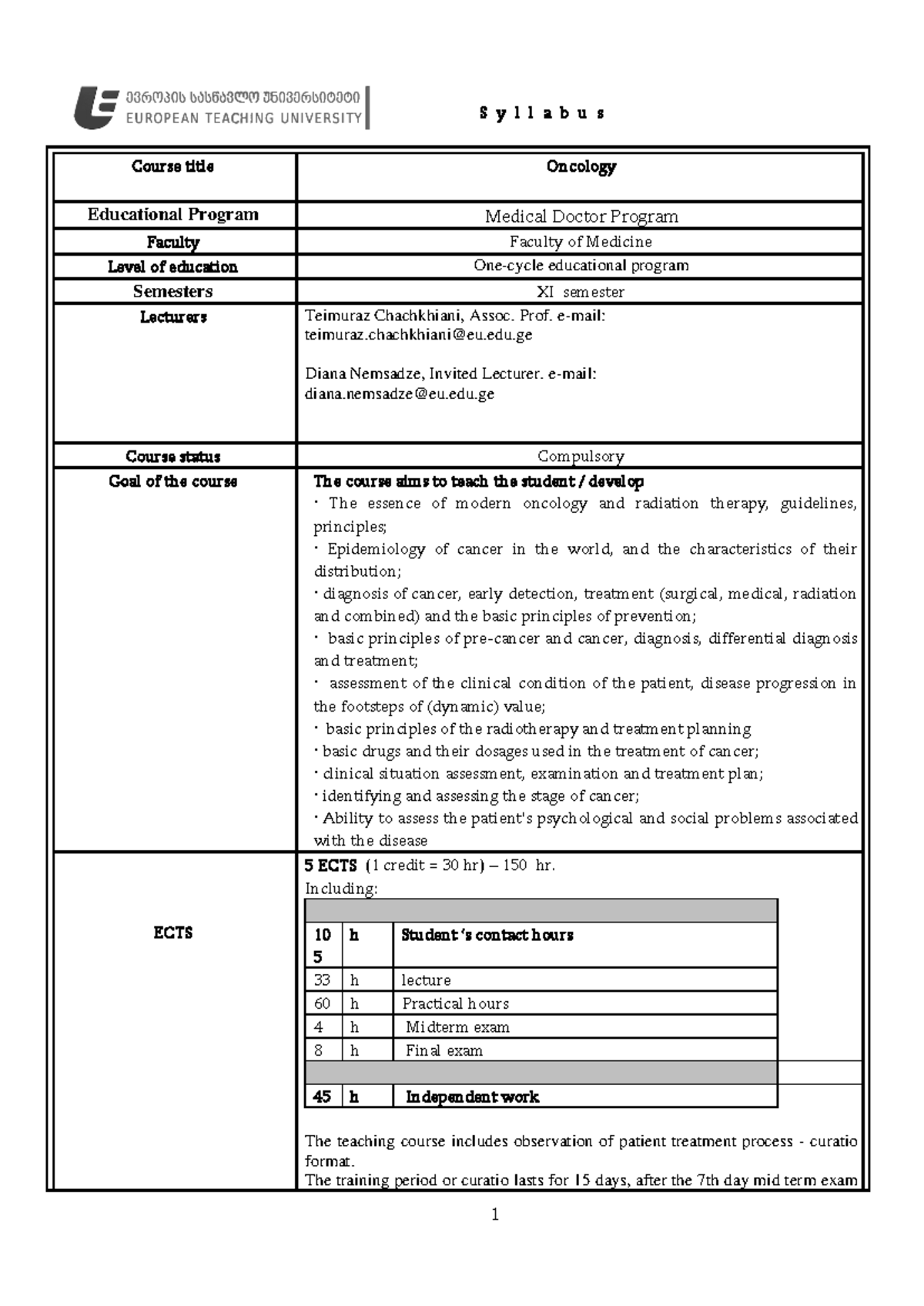 Oncology Syllabus - Medical Doctor Program (XI Semester) - Studocu