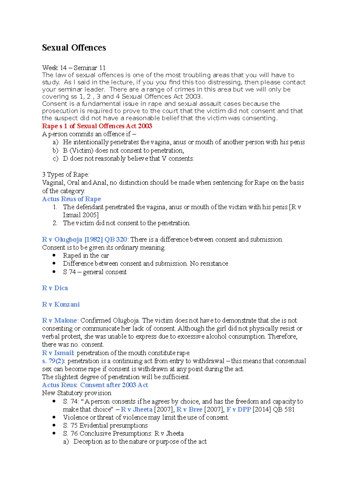 Sexual Offences - Sexual Offences Week 14 – Seminar 11 The law of ...