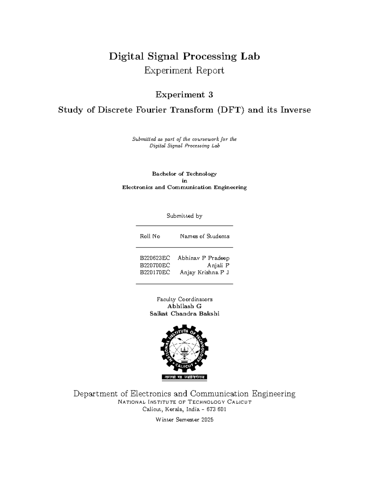 Digital Signal Processing Lab (EC 202) Exp 3: DFT & IDFT Analysis ...