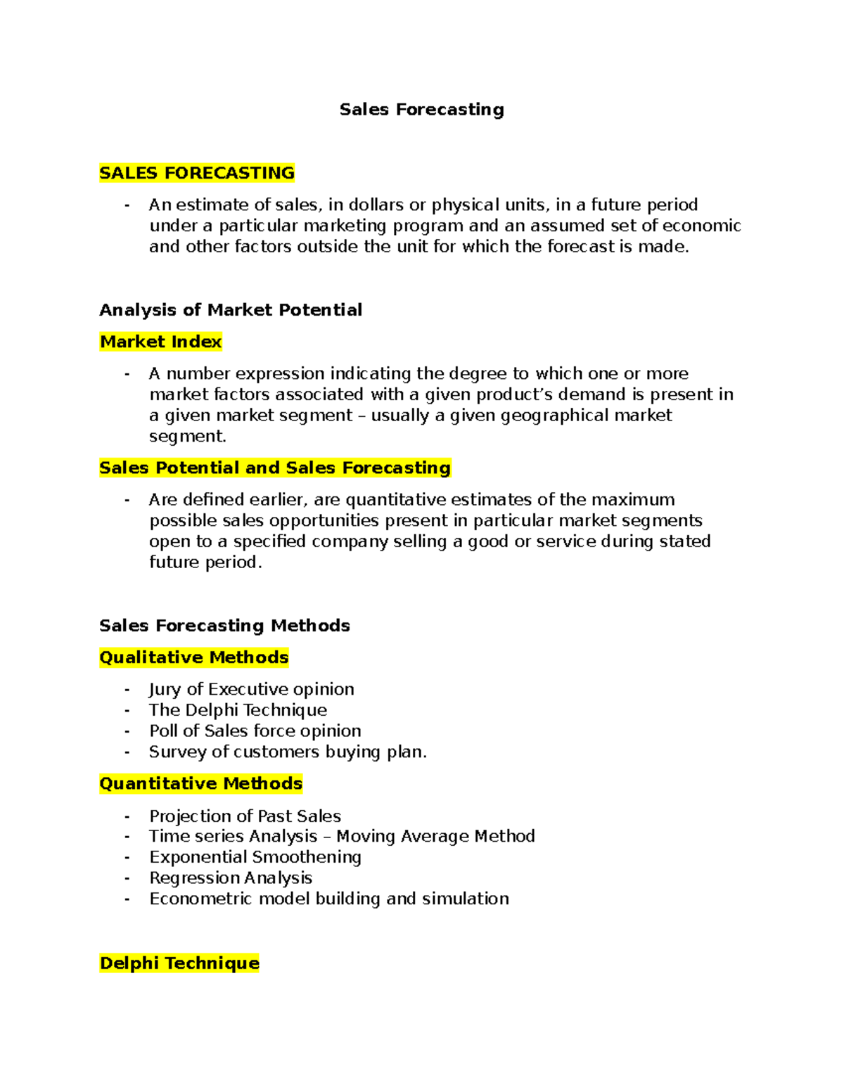 Lesson 3 Sales Forecasting - Sales Forecasting SALES FORECASTING An ...