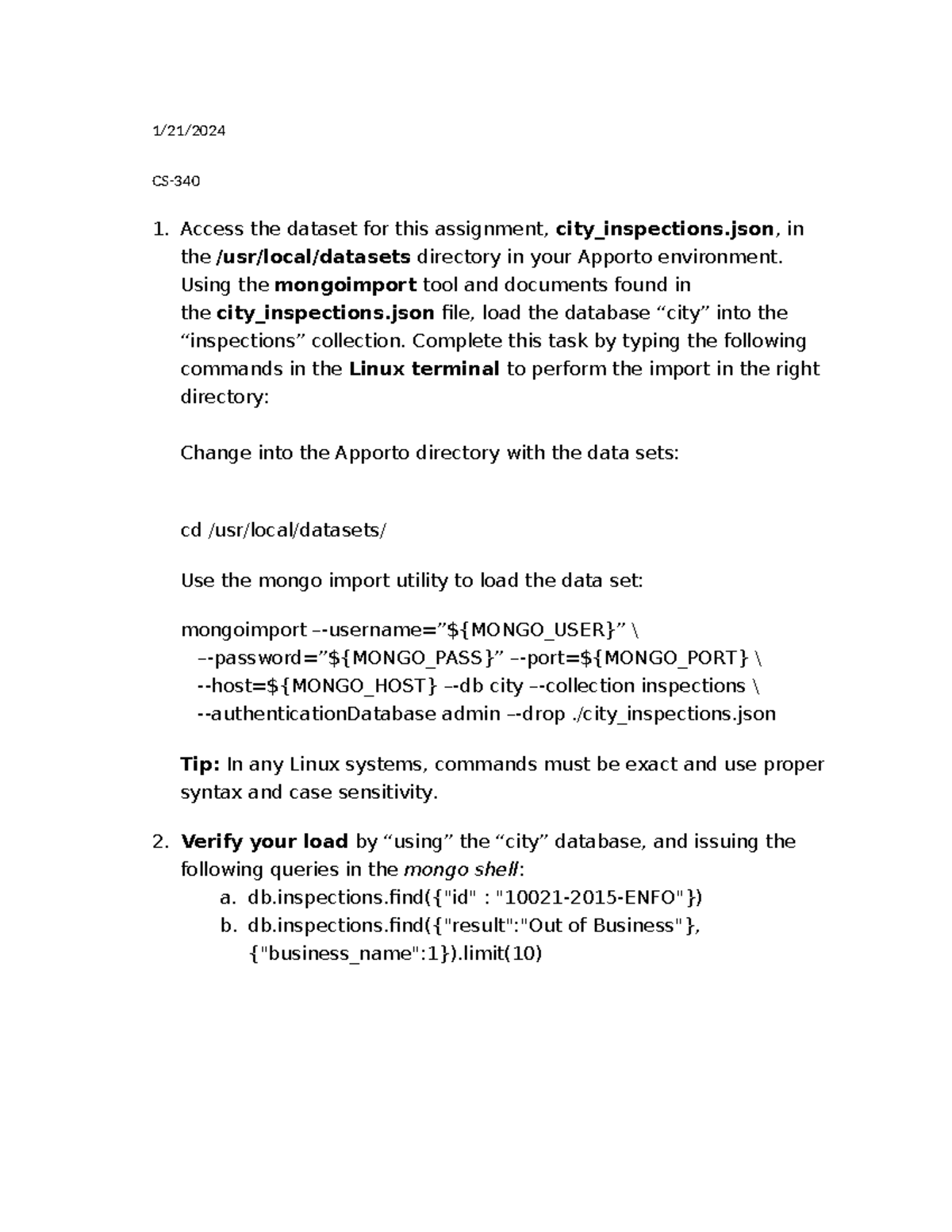CS-2-1 Assignment: CRUD Operations in MongoDB for City Inspections ...