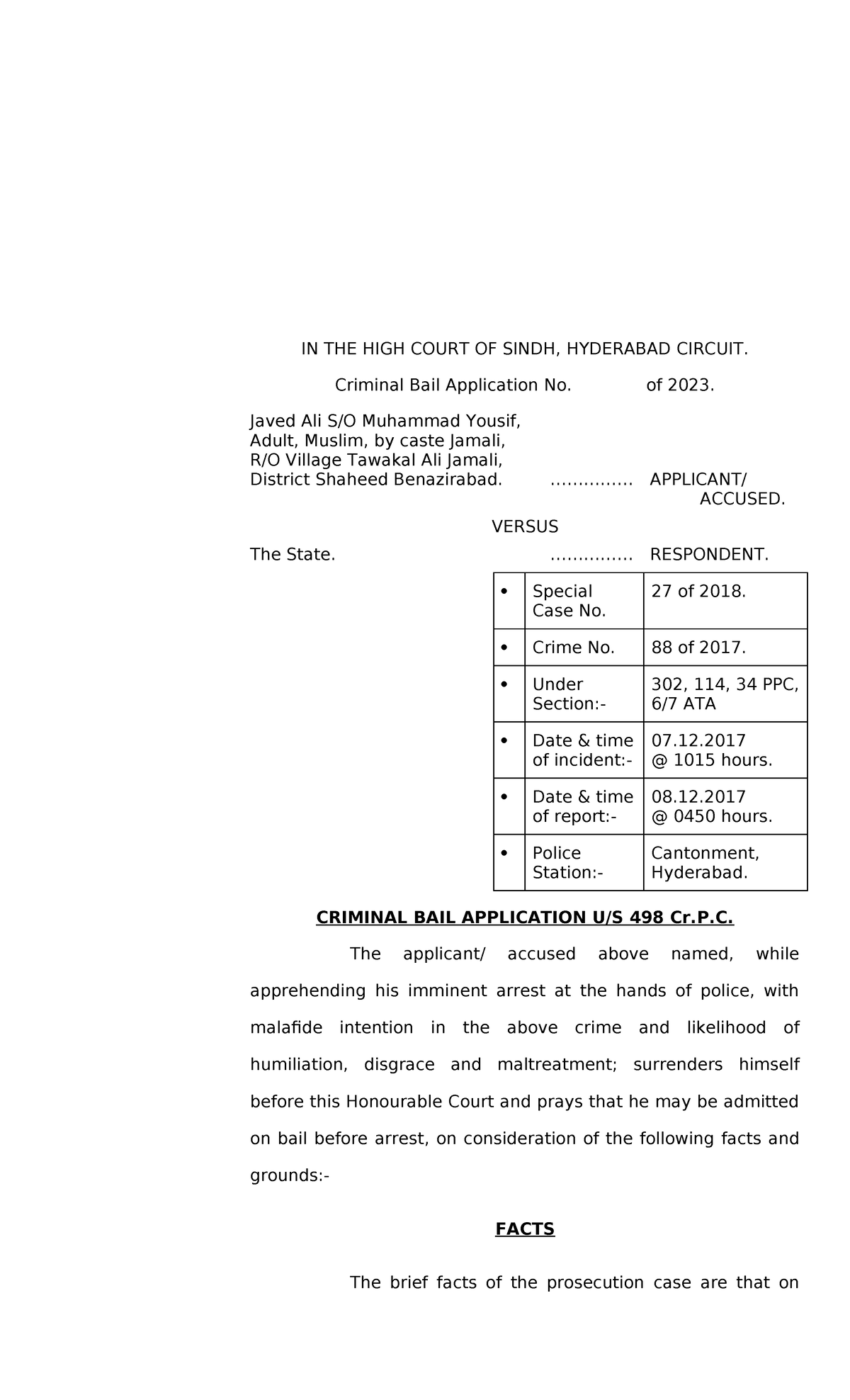 Criminal Bail Application 498: Javed Ali Jamali vs The State, 2023 ...