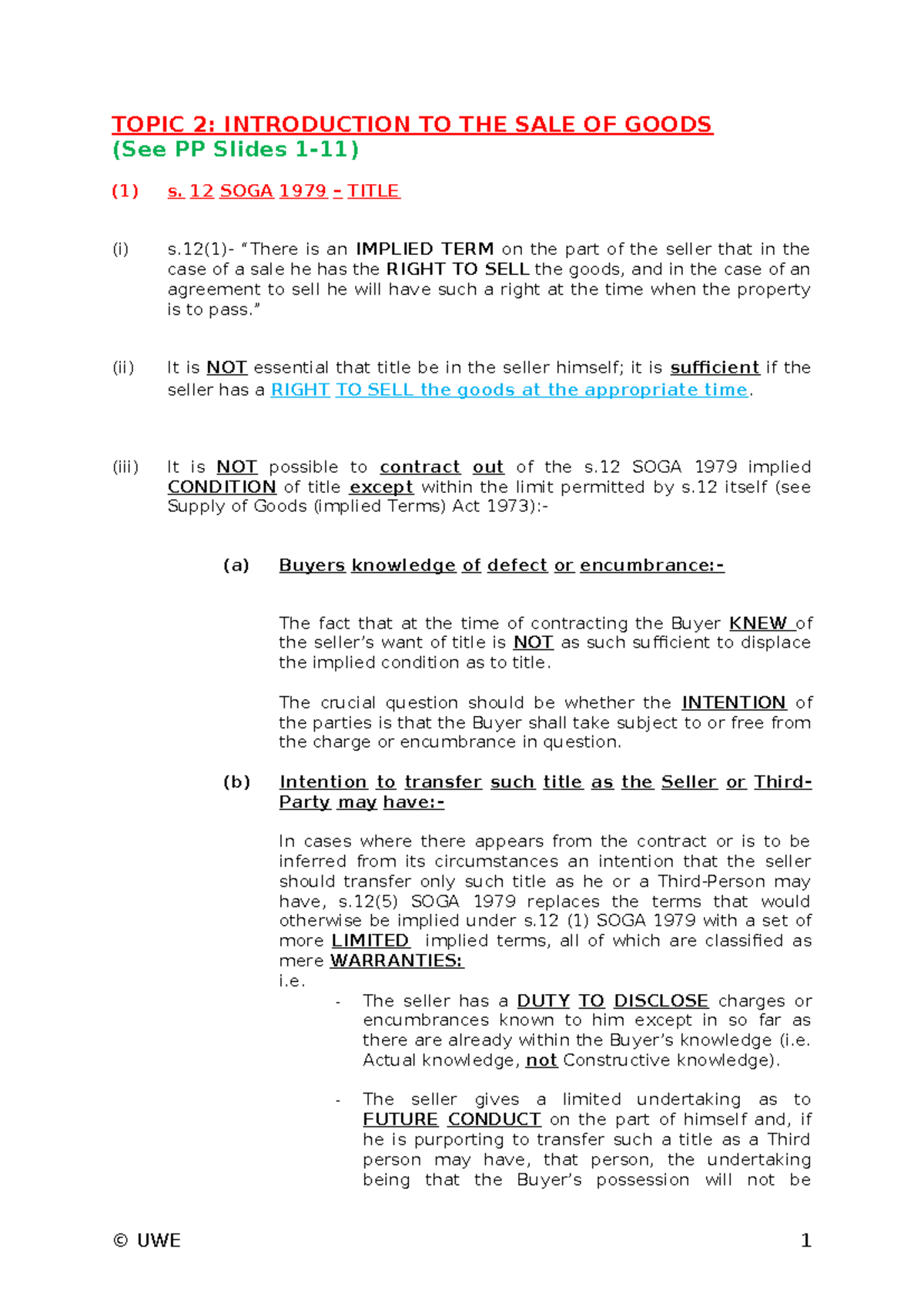 LLB LIT - Topic 2 - Sale of Goods Act Overview and Key Provisions - Studocu