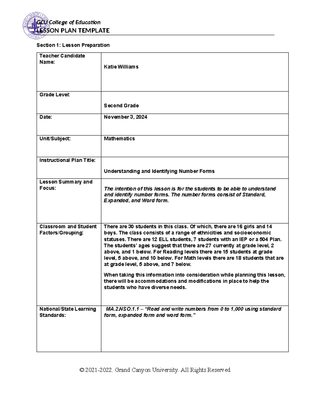 Math Lesson Plan Template for 2nd Grade: Understanding Number Forms ...