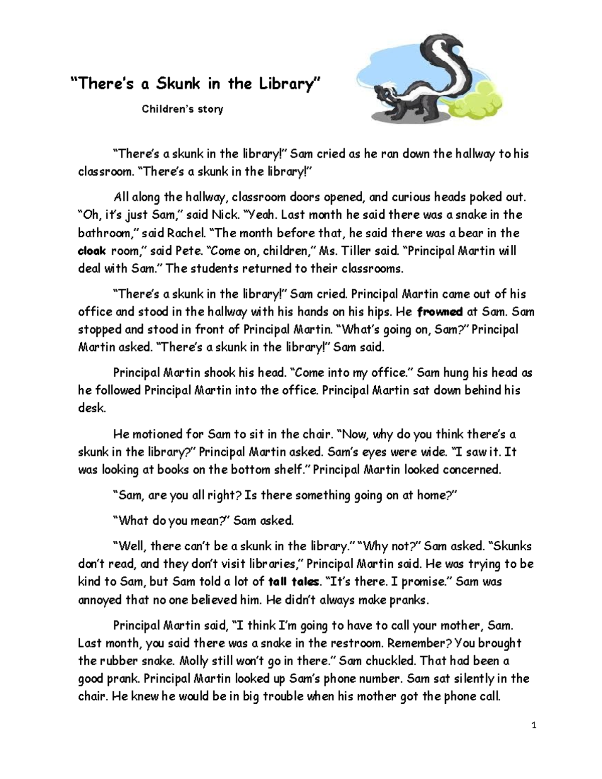 There's a skunk in the library (Grade 3 story) - “There’s a Skunk in ...