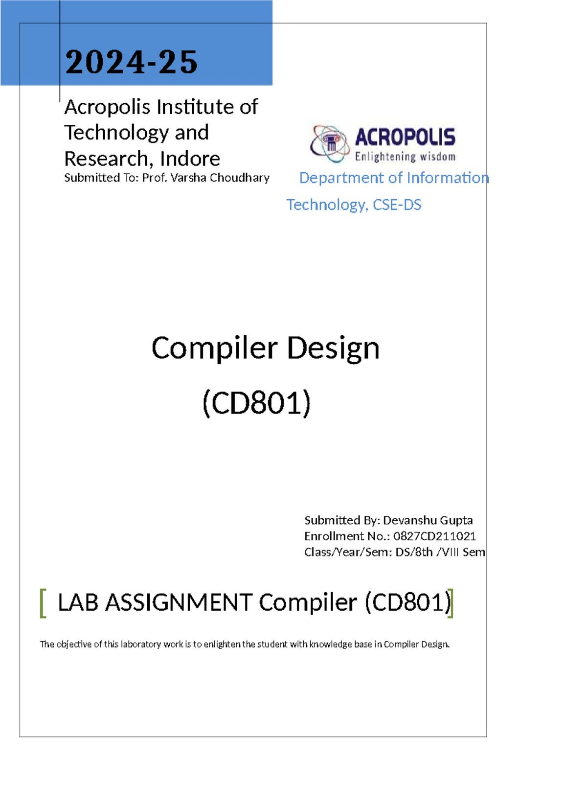 Compiler Design Lab Assignment Notes (CD801) - Acropolis Institute ...