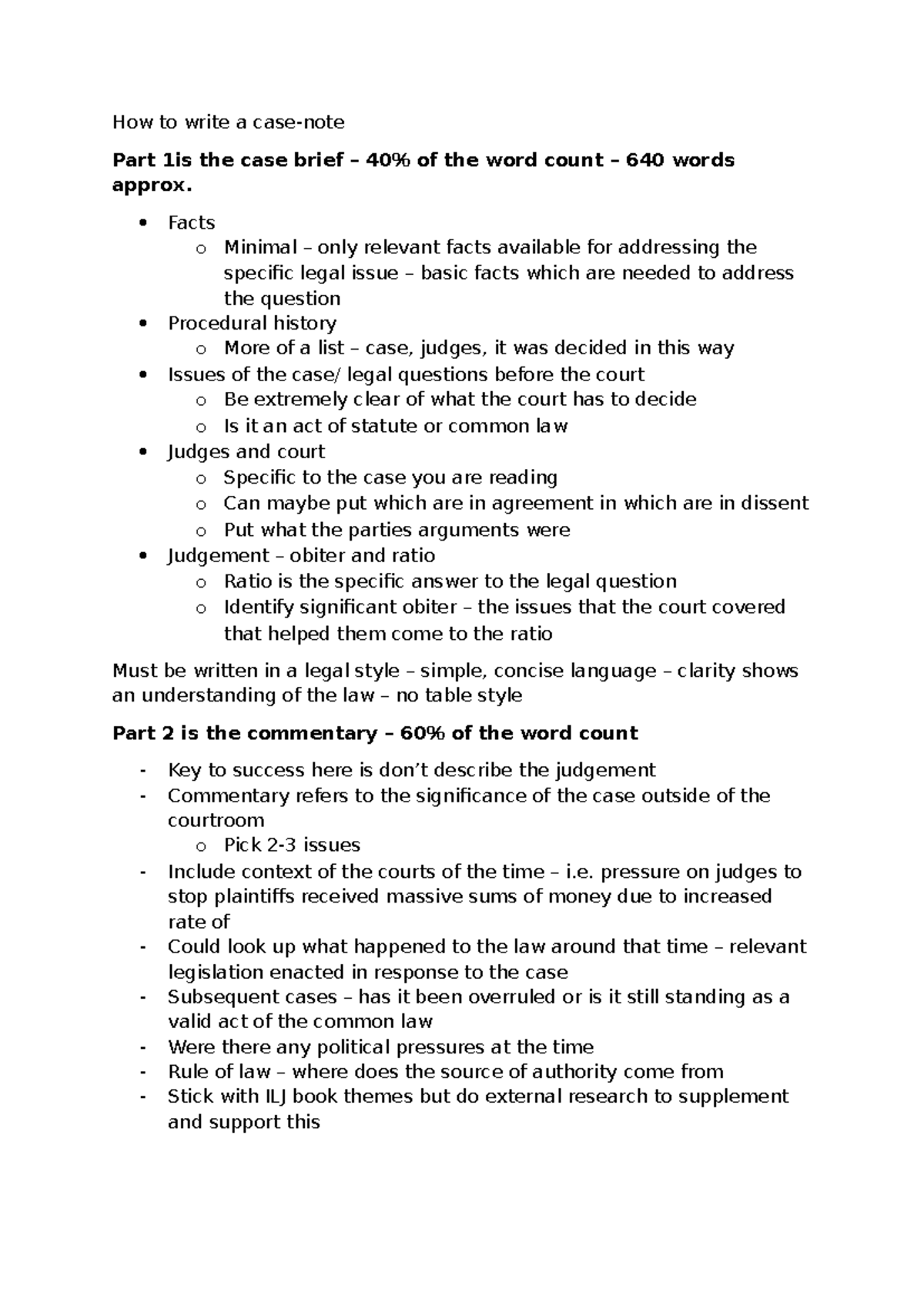 How to Write a Case Note: Class Notes for Legal Studies - Studocu
