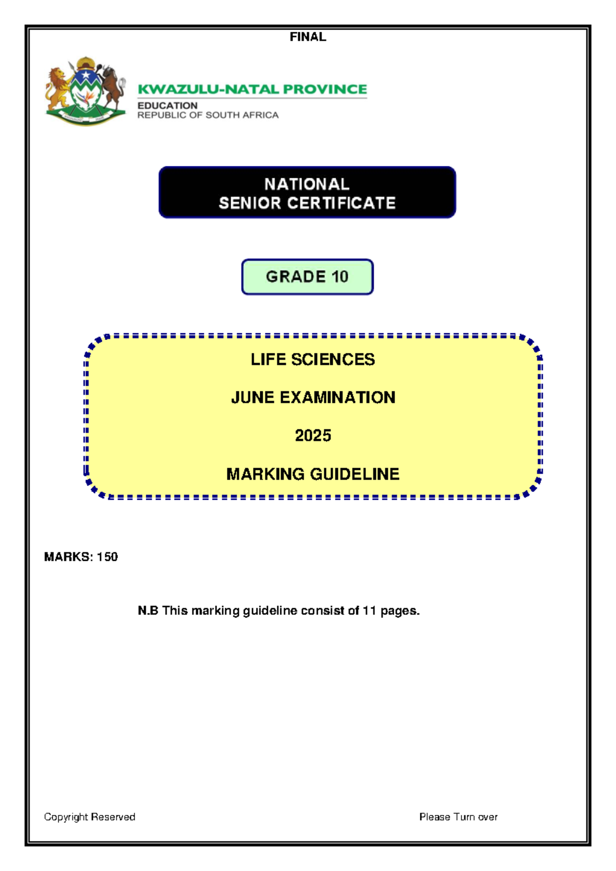 LIFE SCIENCES GRADE 10 JUNE 2025 FINAL EXAM MARKING GUIDELINE - Studocu