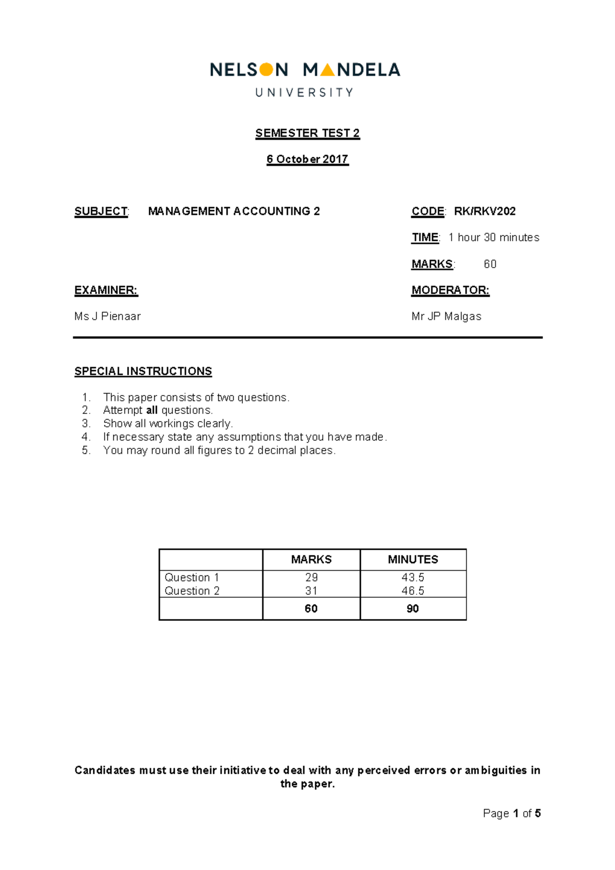 RKV202 Management Accounting Test 2 2017 - Exam Paper & Questions - Studocu