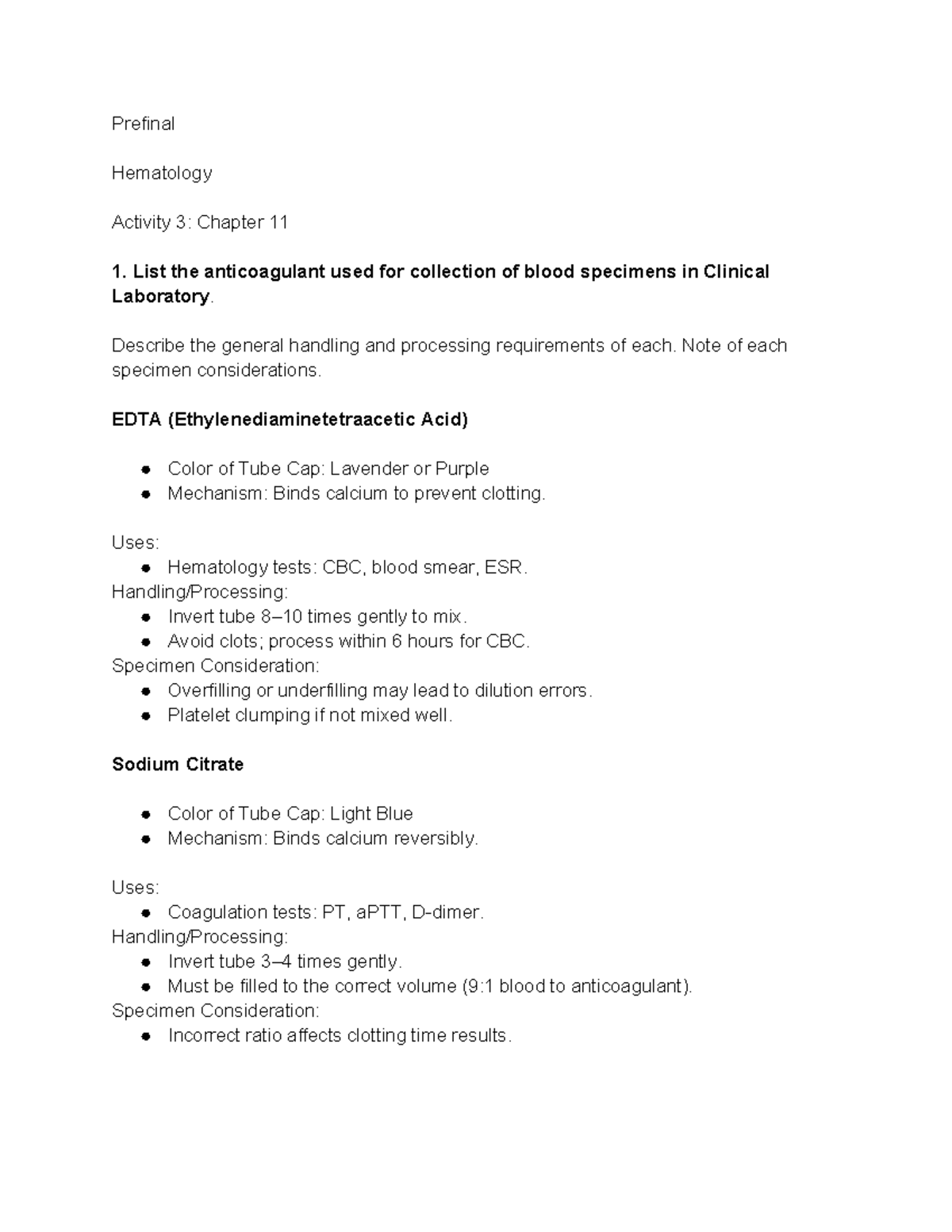 ACT 3 HEMA Prefinal: Anticoagulants & Blood Specimen Handling - Studocu