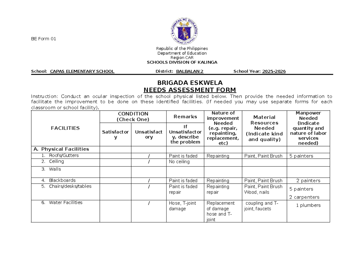 BE 1 - Brigada Eskwela Needs Assessment for Capas ES 2025 - Studocu