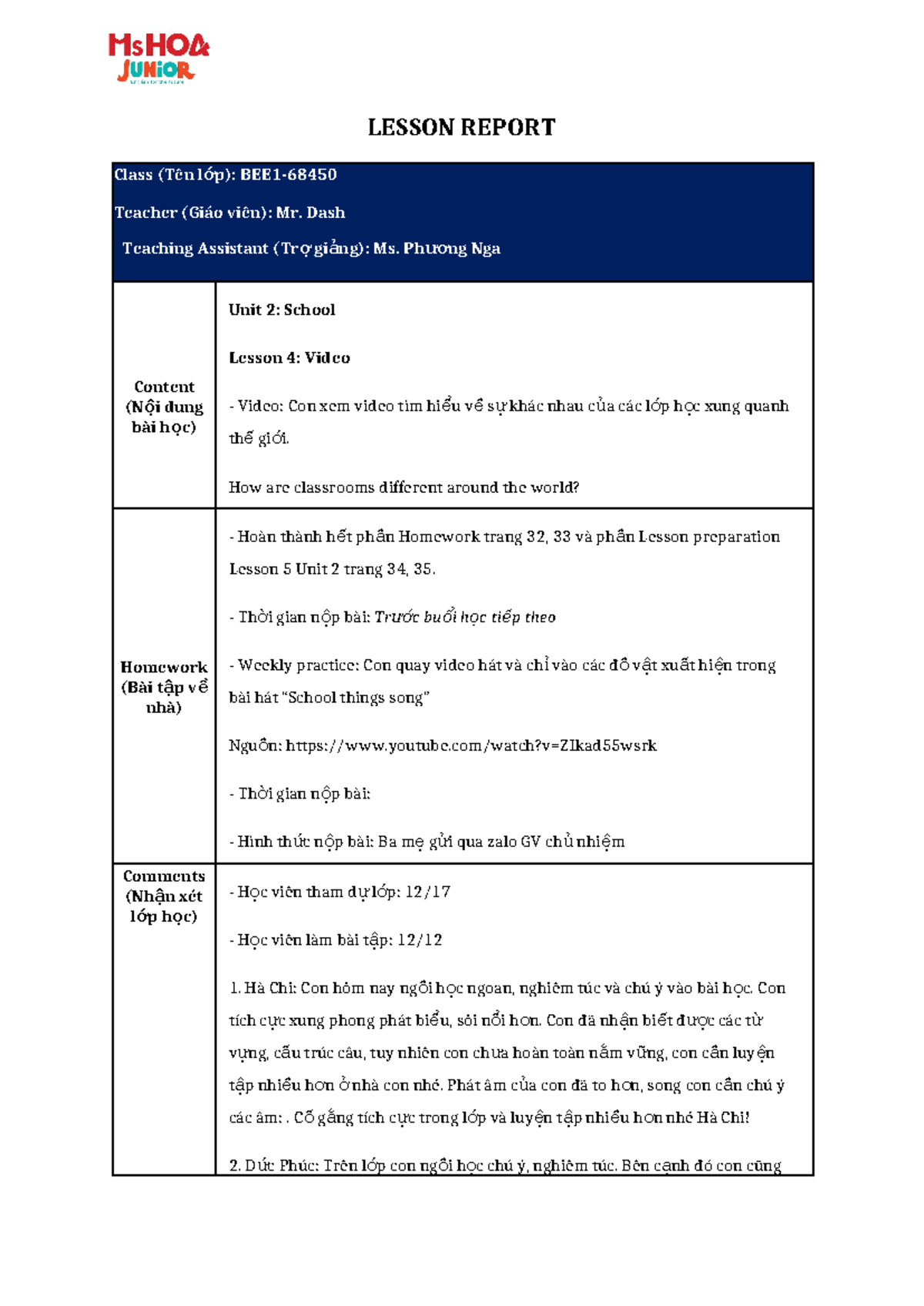 Lesson Report - U2 - L4: School Differences Through Video - Studocu