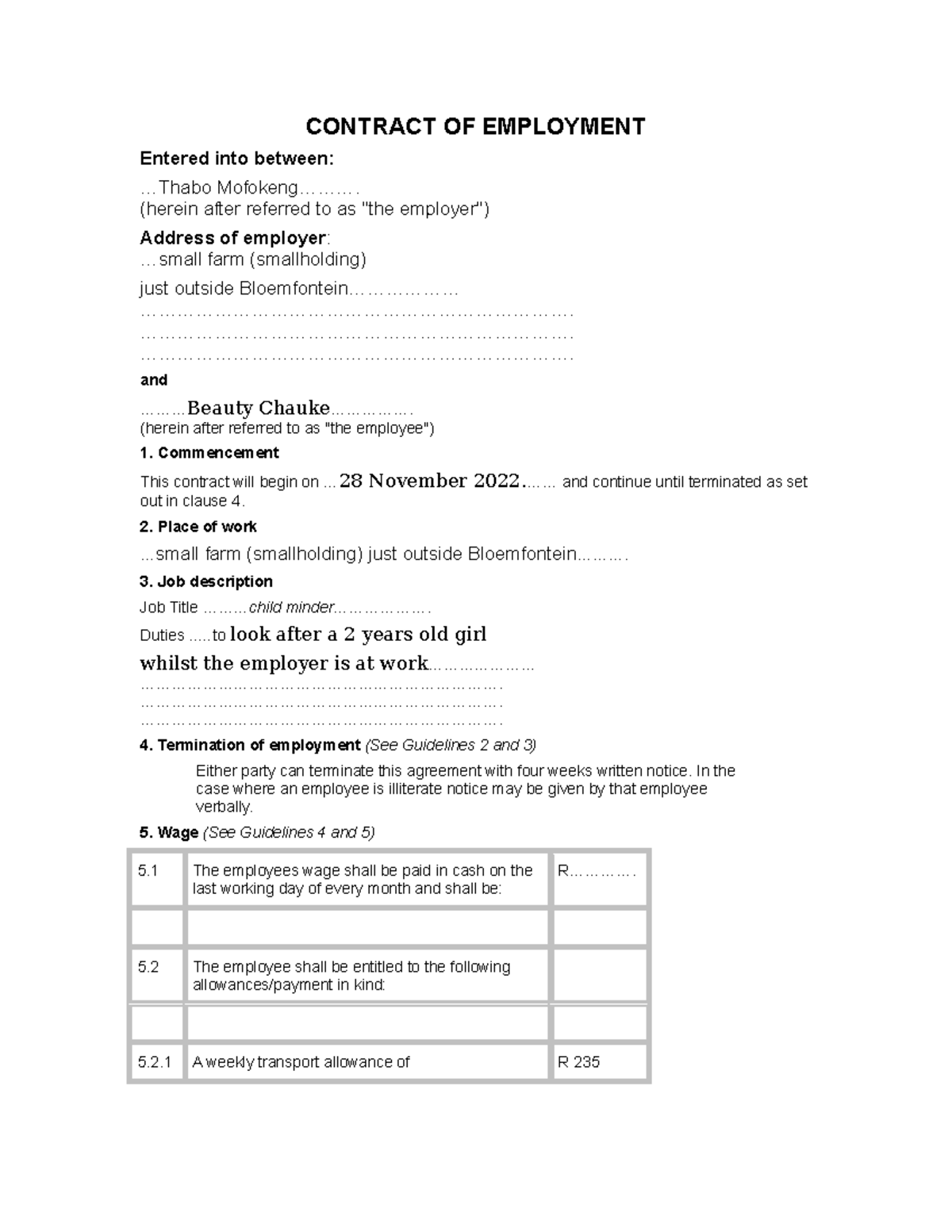 FSA Ethical Employment Contract Example - CONTRACT OF EMPLOYMENT ...
