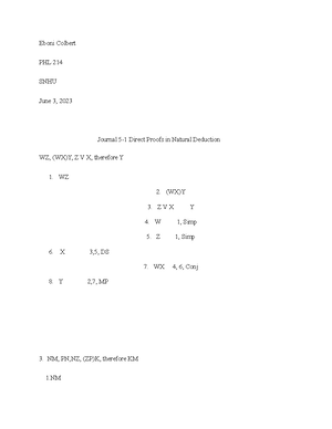 PHL214 Journal 5 - Joseph Sullo Argument 1 1. ~W • ~~Z 2. (~W • X) → Y ...