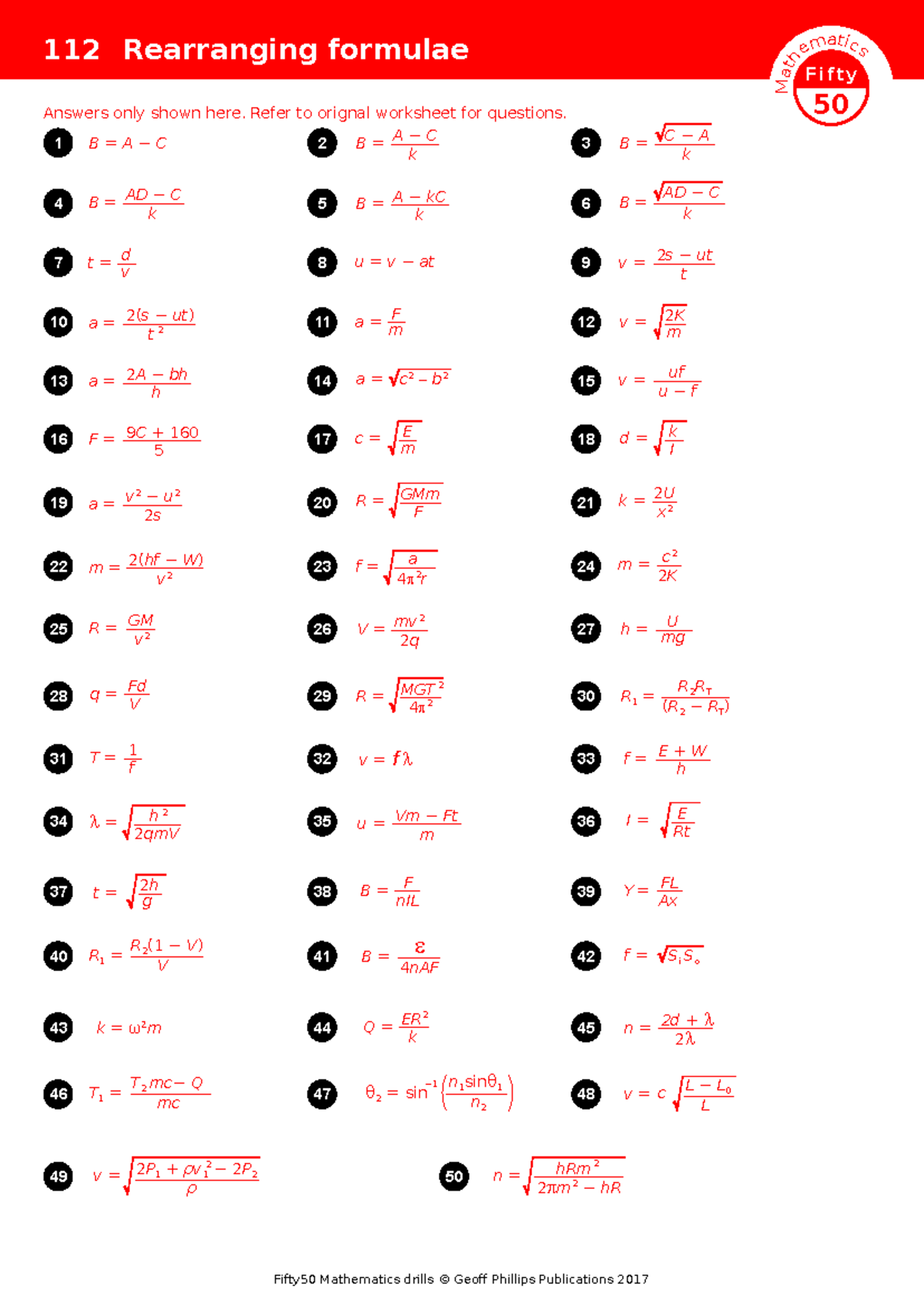 WANS112 Rearranging Formulae Answers - Refer to Worksheet - Studocu
