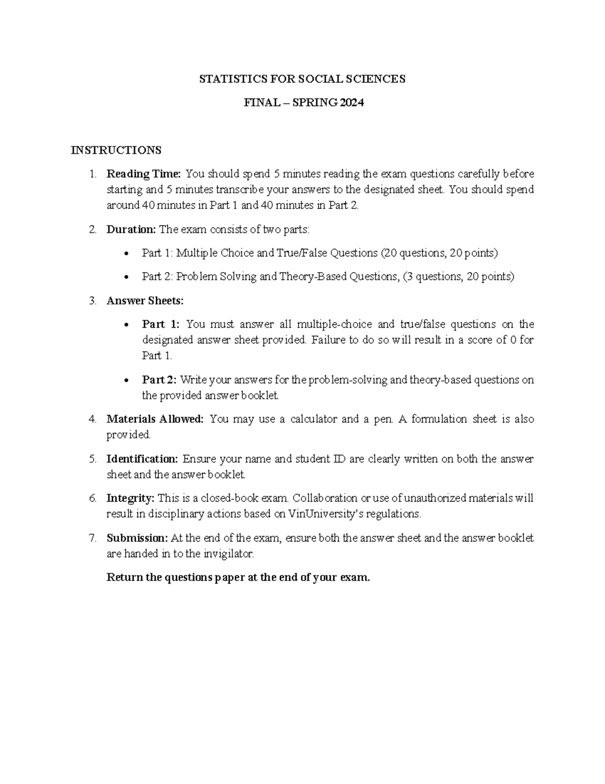 Final EXAM Statistics FOR Social Sciences 6.2024 - STATISTICS FOR ...