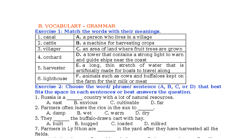 Ôn Tập UNIT 2: Vocabulary & Grammar Exercises - Studocu