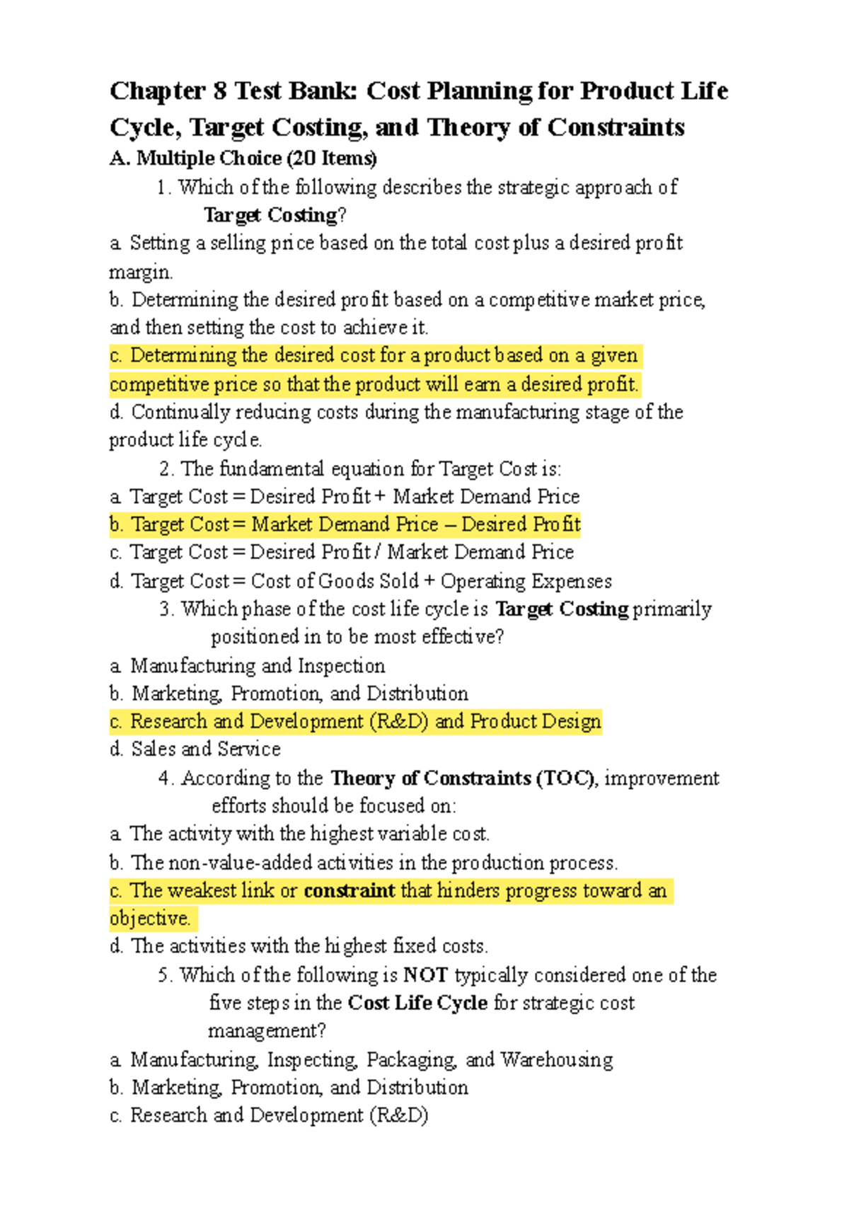 C8 Test Bank: Cost Planning, Target Costing & Theory of Constraints - Document Preview