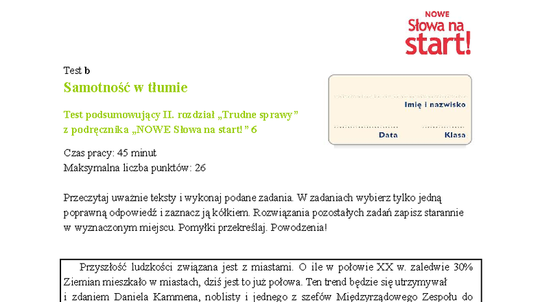 Test podsumowujący II. rozdział: Samotność w tłumie - Wersja B - Studocu