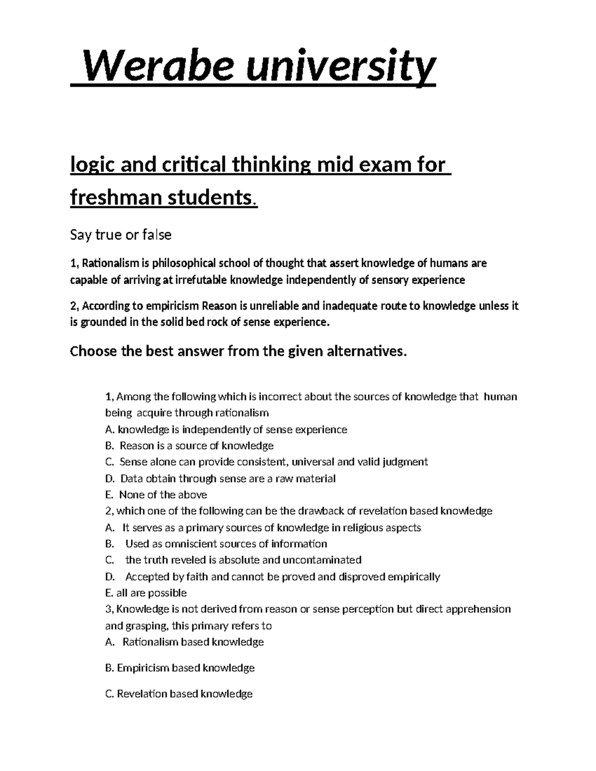 Logic and Critical Thinking Mid Exam for Freshman Students - Studocu