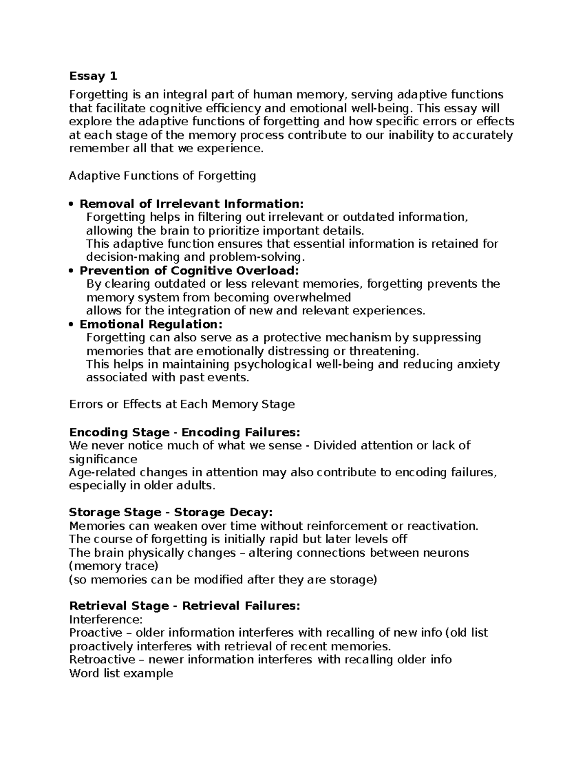 Essay updated - Essay 1 Forgetting is an integral part of human memory ...