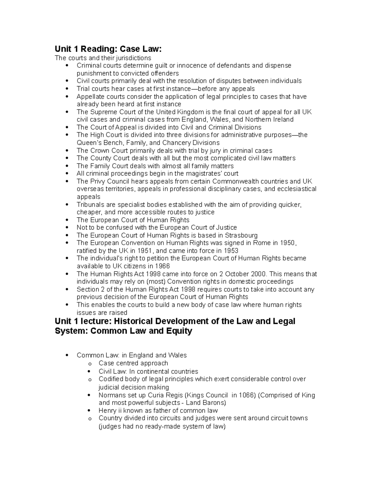 Unit 1 - Case Law & Legal Systems: Lecture Notes Summary - Studocu