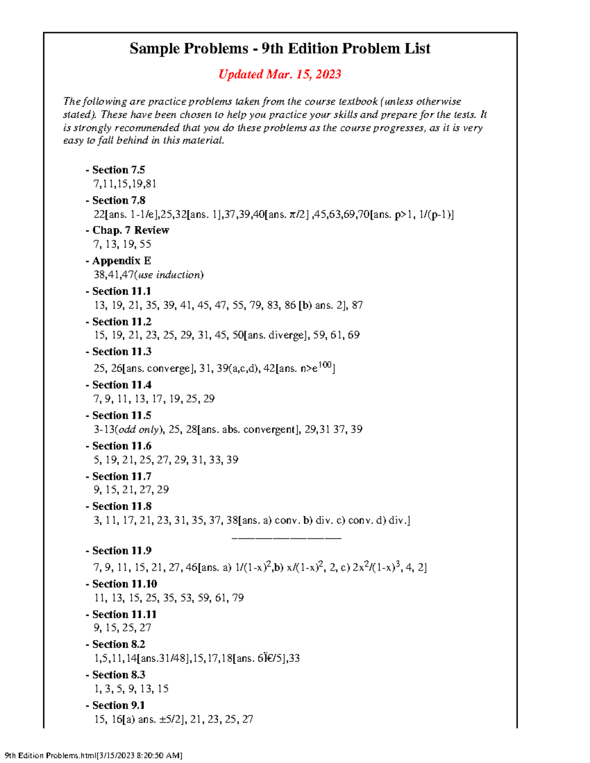 9th Edition Problem Set - Practice Questions and Solutions - Studocu