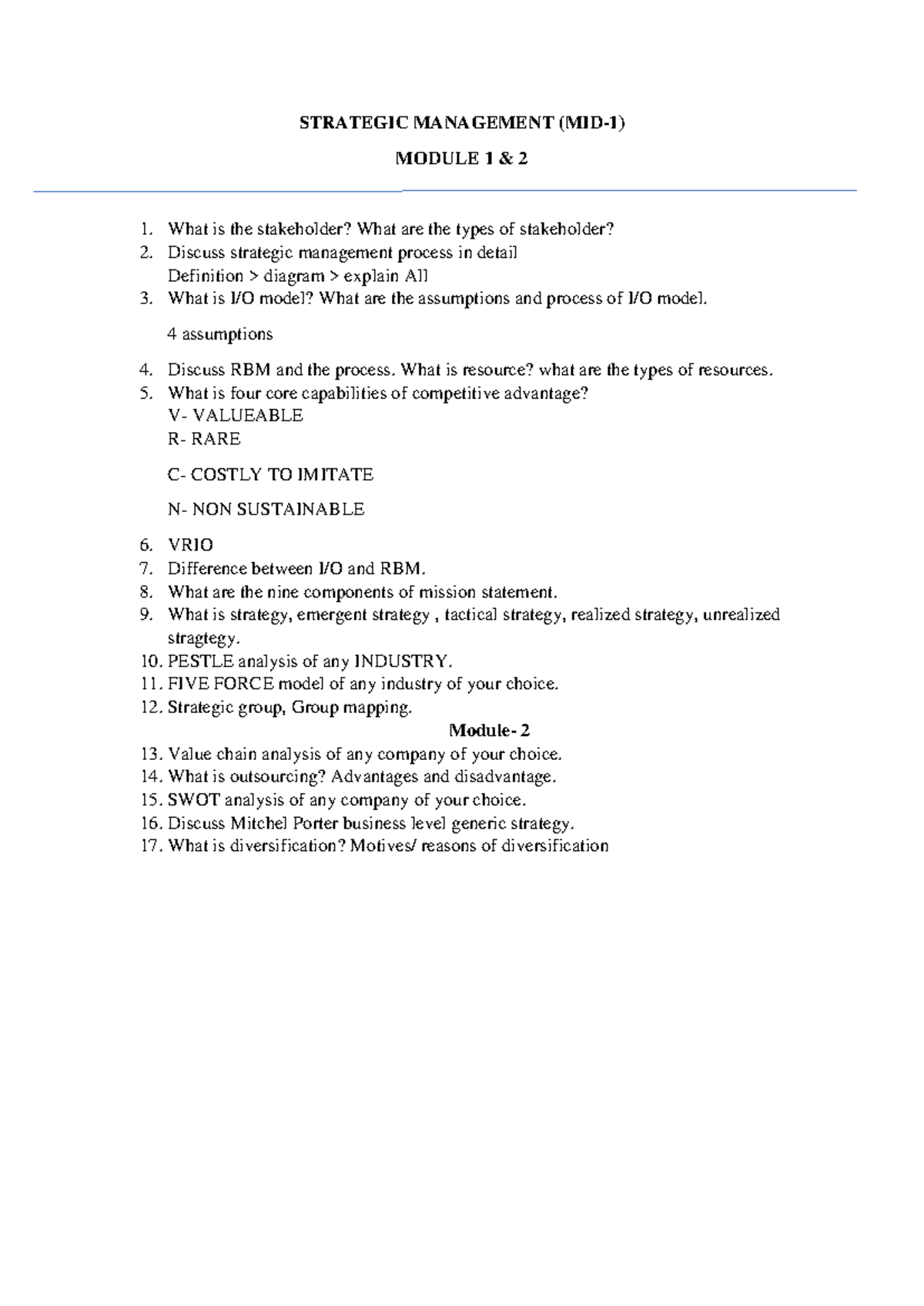 Strategic Management MID-1 Exam Notes & Answers - Studocu