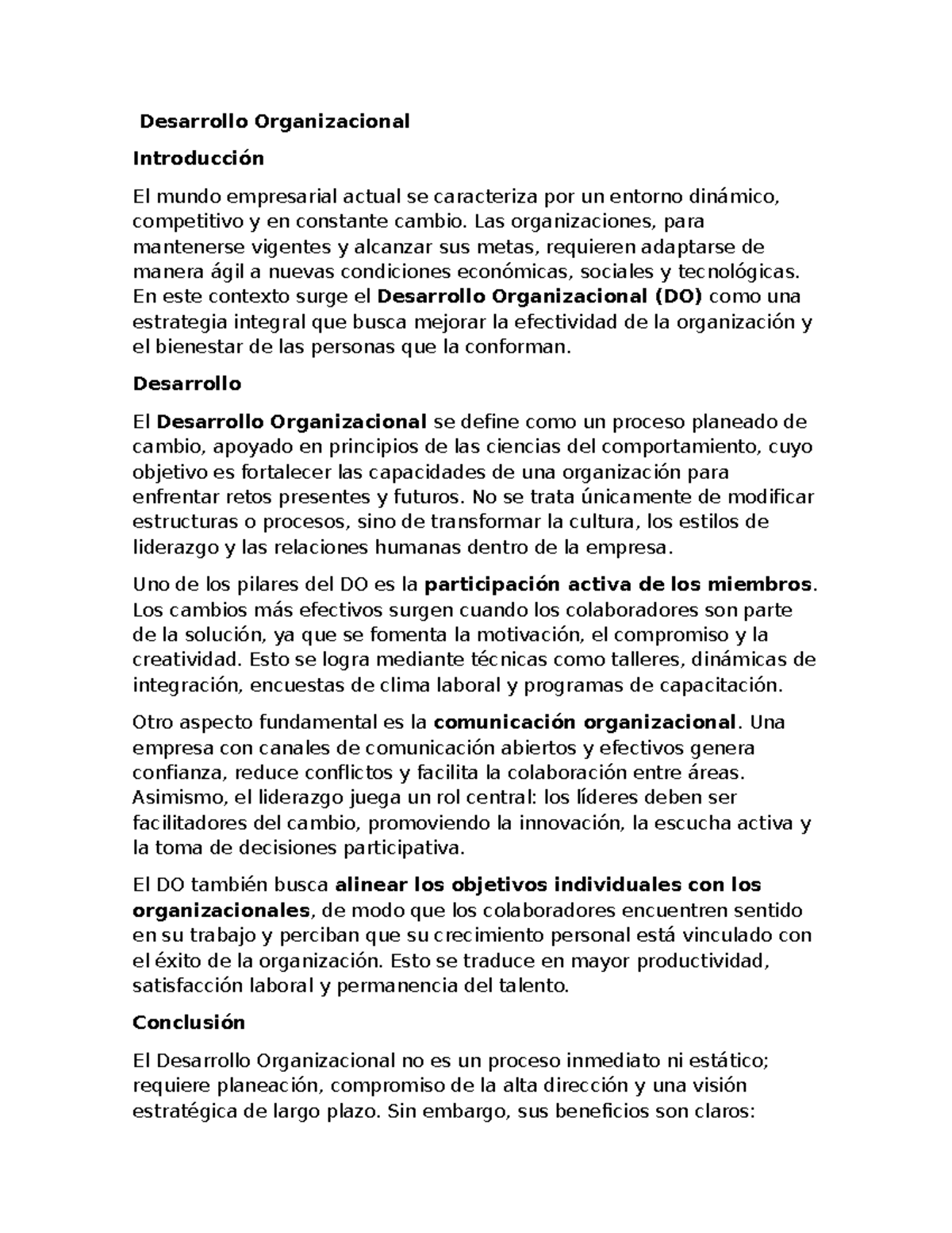 Desarrollo Organizacional: Estrategias para el Éxito Empresarial - Studocu