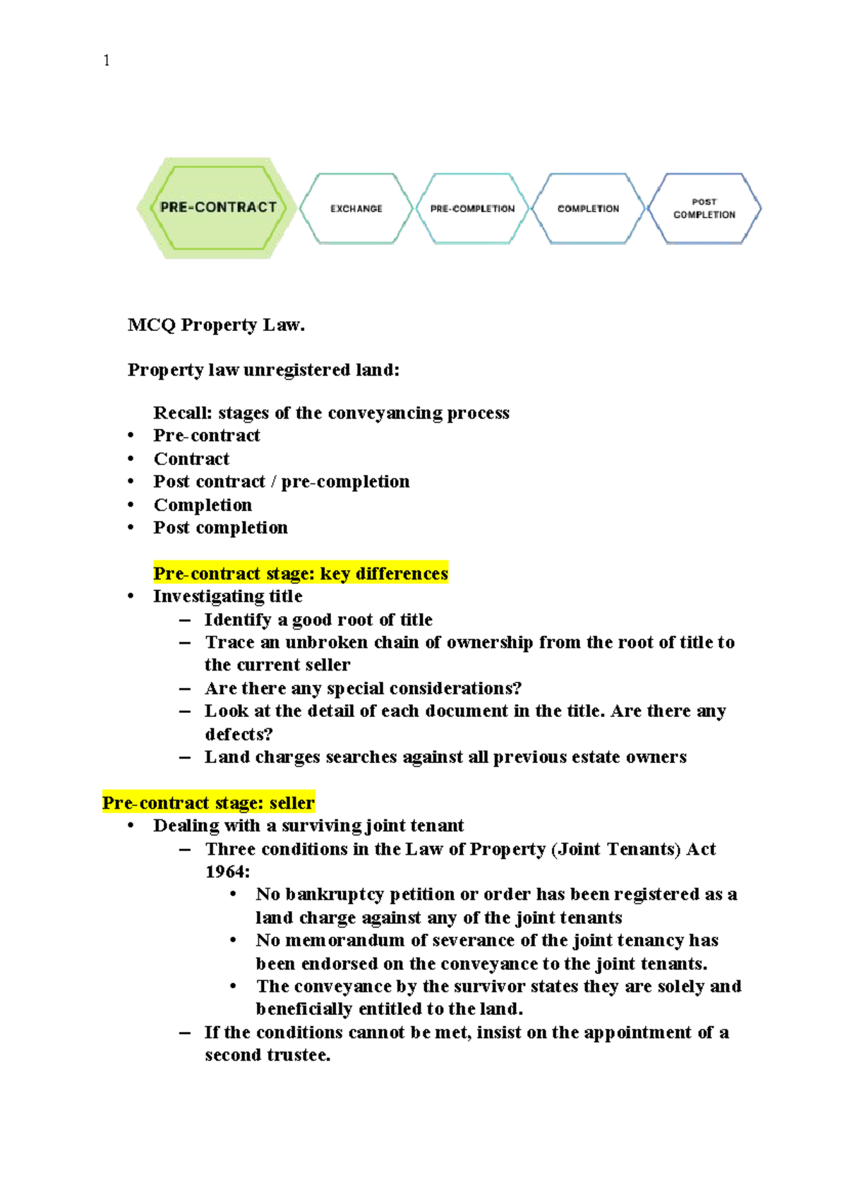 MCQ Property Law Exam: Key Stages in Conveyancing Process - Studocu