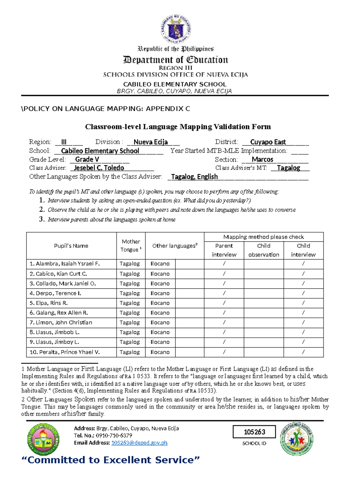 Grade 5 ELLN Language Mapping Validation Form - Cabileo Elementary ...