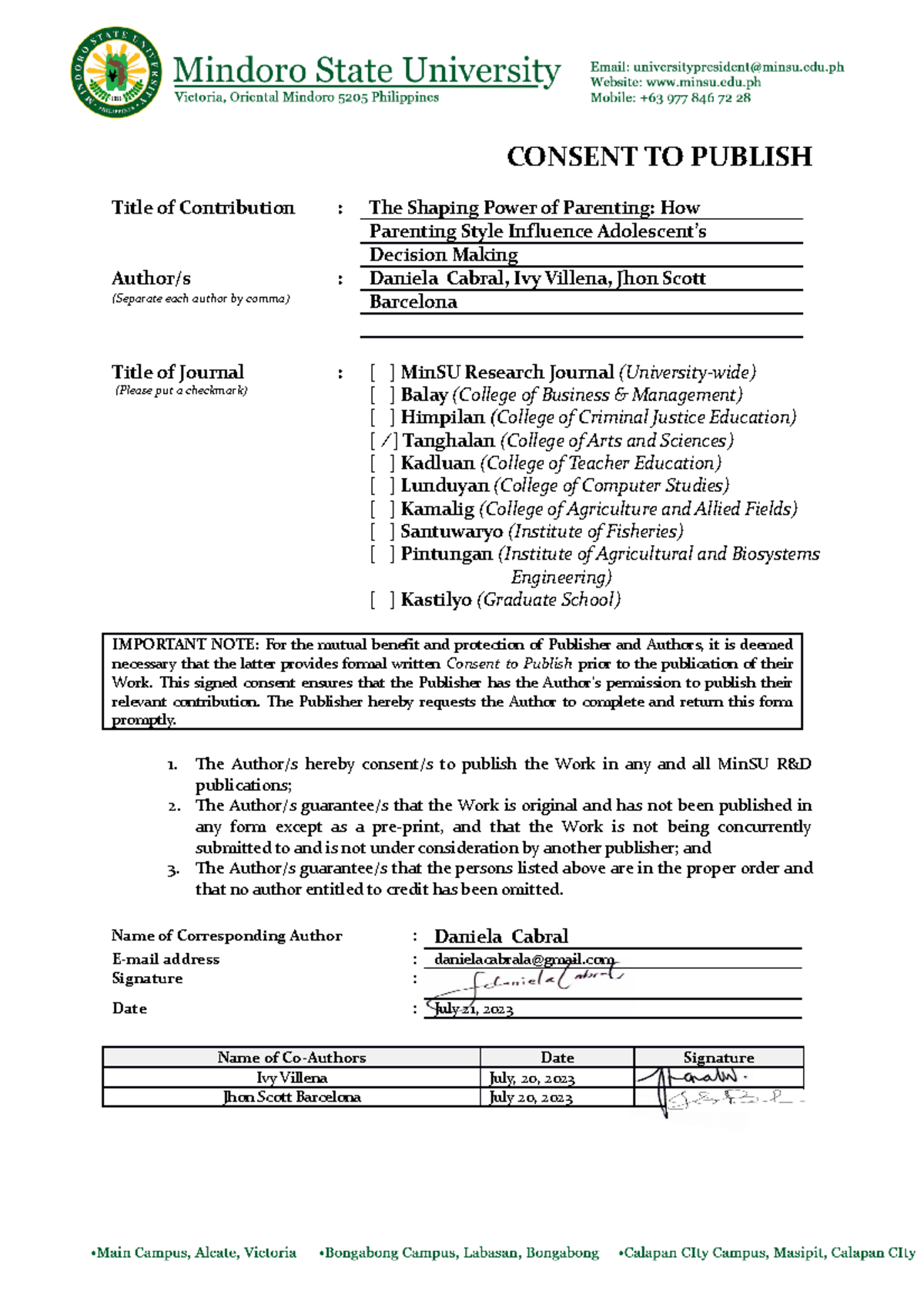 MCC R&D form Consent TO Publish - CONSENT TO PUBLISH Title of ...