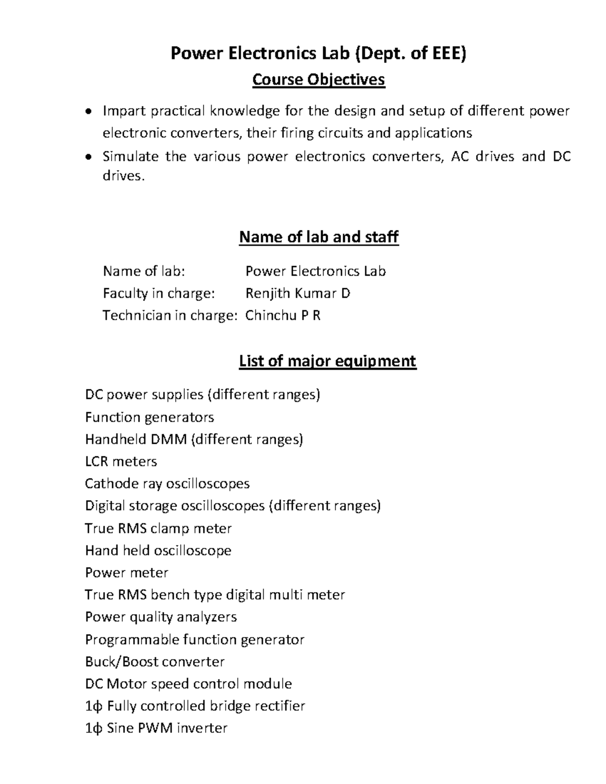 EEE PE Lab details - Lab - Power Electronics Lab (Dept. of EEE) Course ...