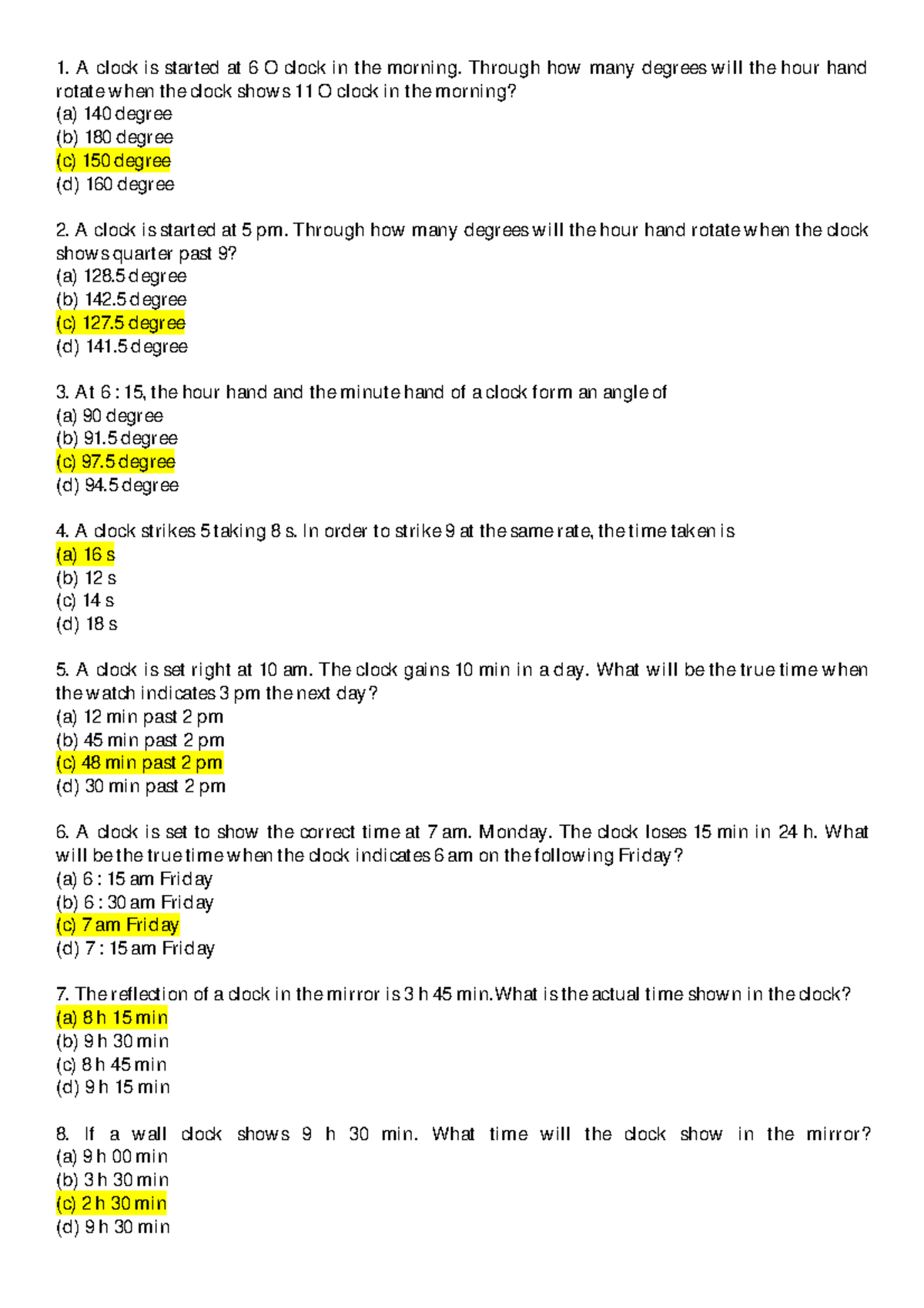 Clock Angle and Time Calculations: Questions and Answers - Studocu