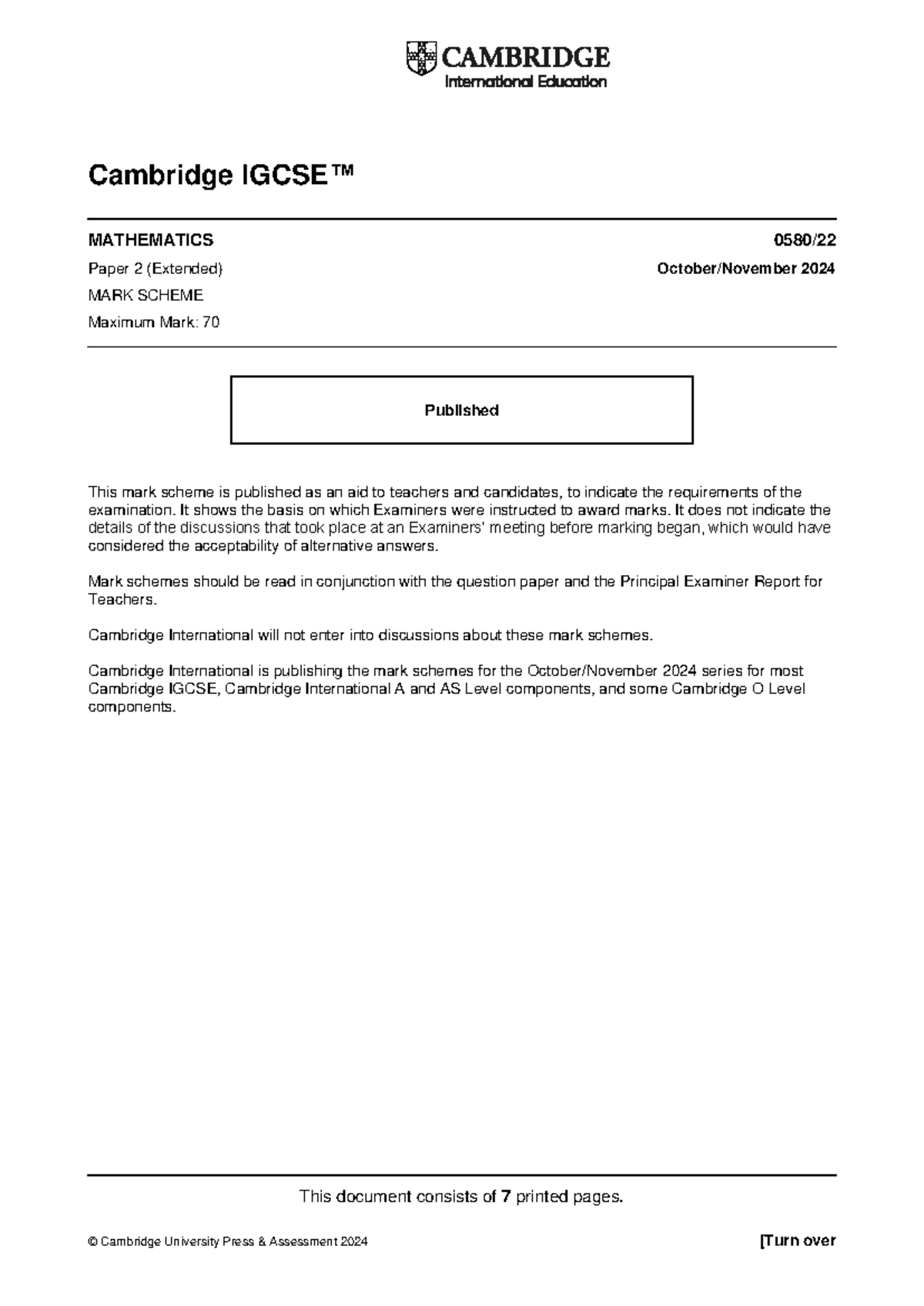 Cambridge IGCSE Mathematics Paper 2 (Extended) 2024 Mark Scheme - Studocu