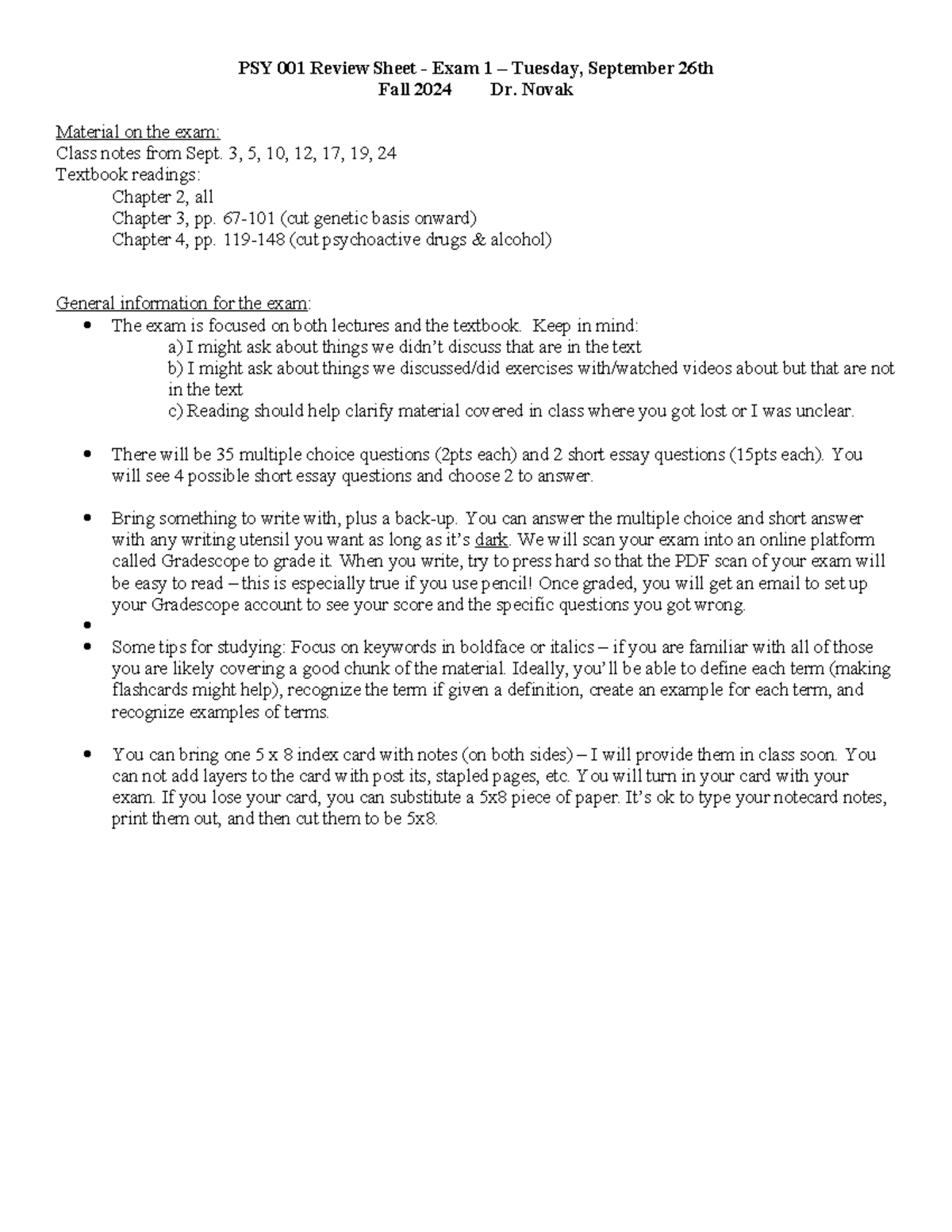 PSY 001 Exam 1 Review Sheet - Fall 2024 (Dr. Novak) - PSY 001 Review ...