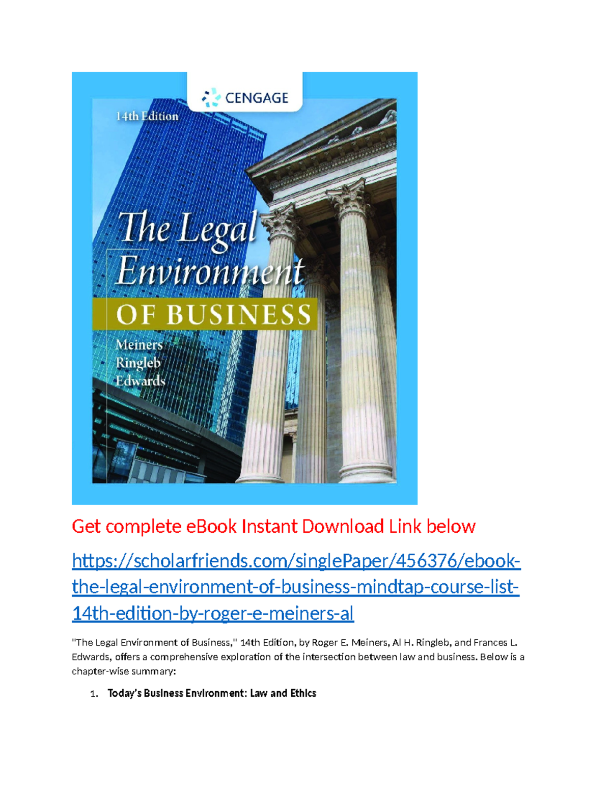 Chapter Summaries of The Legal Environment of Business (14th Ed
