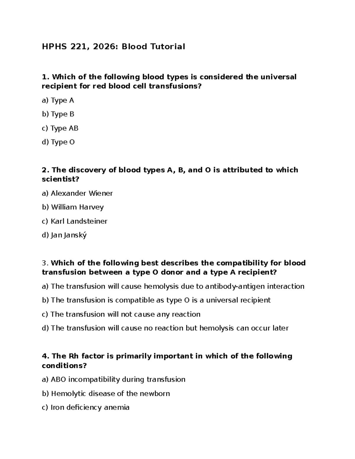 HPHS 221: Blood Tutorial - Key Concepts and Questions - Studocu