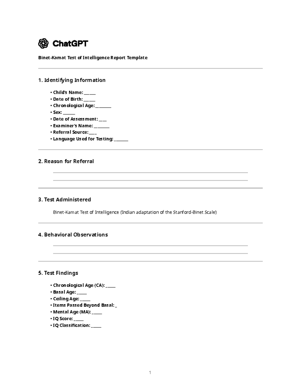 Binet Kamat Intelligence Test Report Template - Studocu