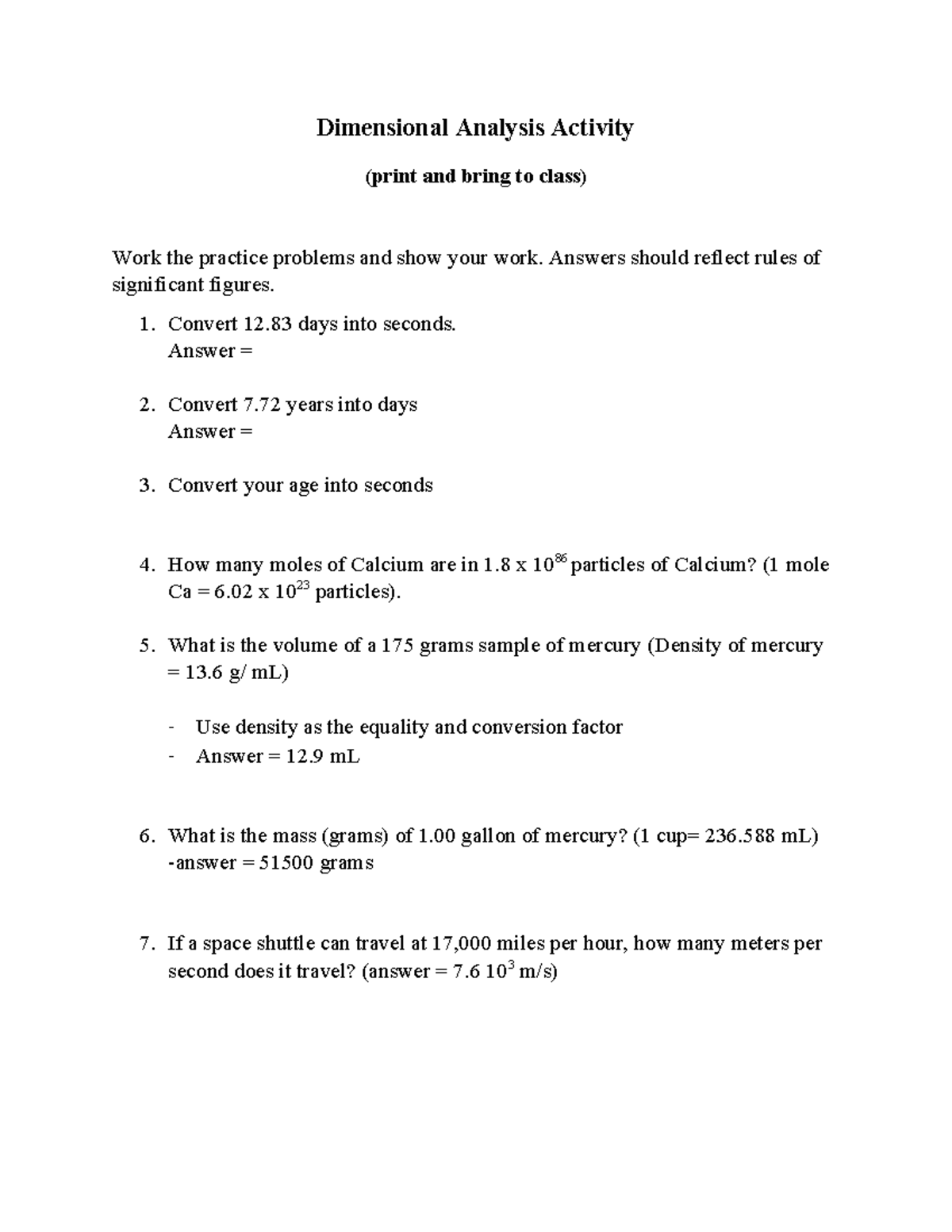 Dimensional Analysis Activity - Practice Problems and Solutions - Studocu