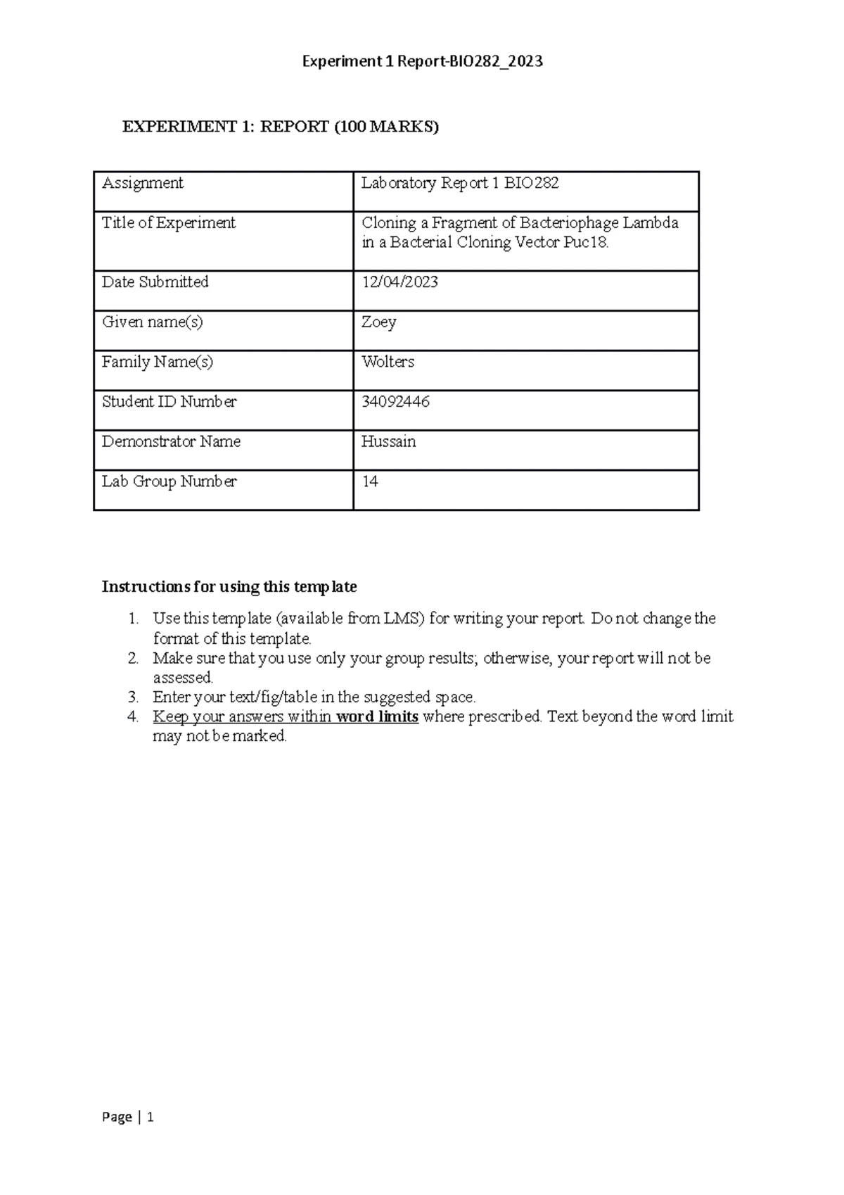 Experiment 1 Report BIO282 2023 - EXPERIMENT 1: REPORT (100 MARKS ...