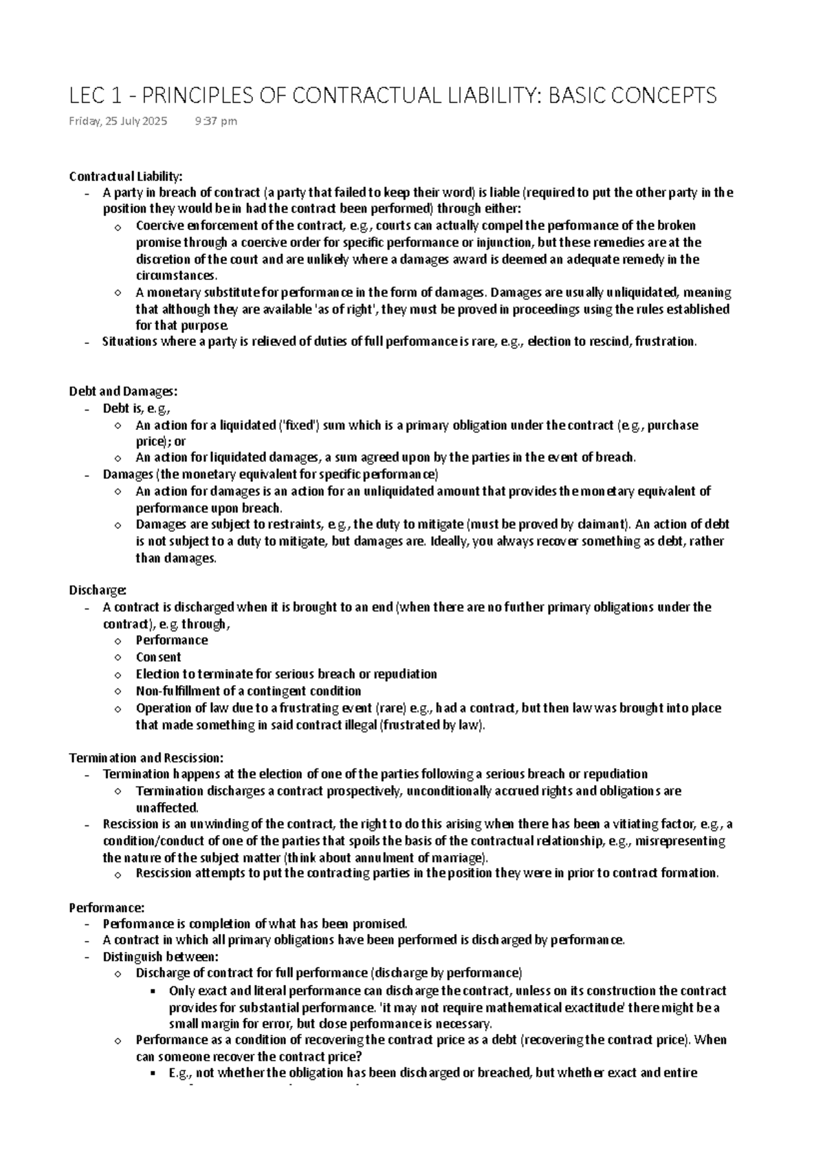 LEC 1 - Principles of Contractual Liability: Key Concepts Explained ...