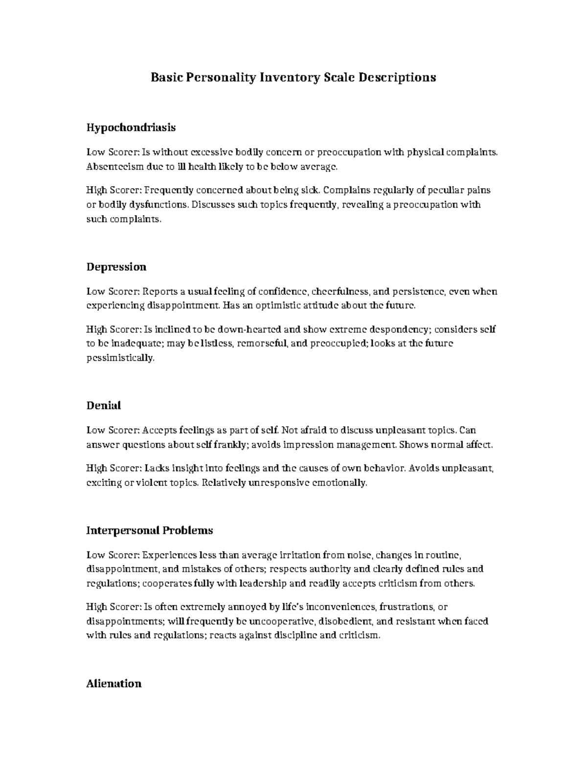 BPI Full Descriptions - NCSJSA: Personality Inventory Insights - Studocu
