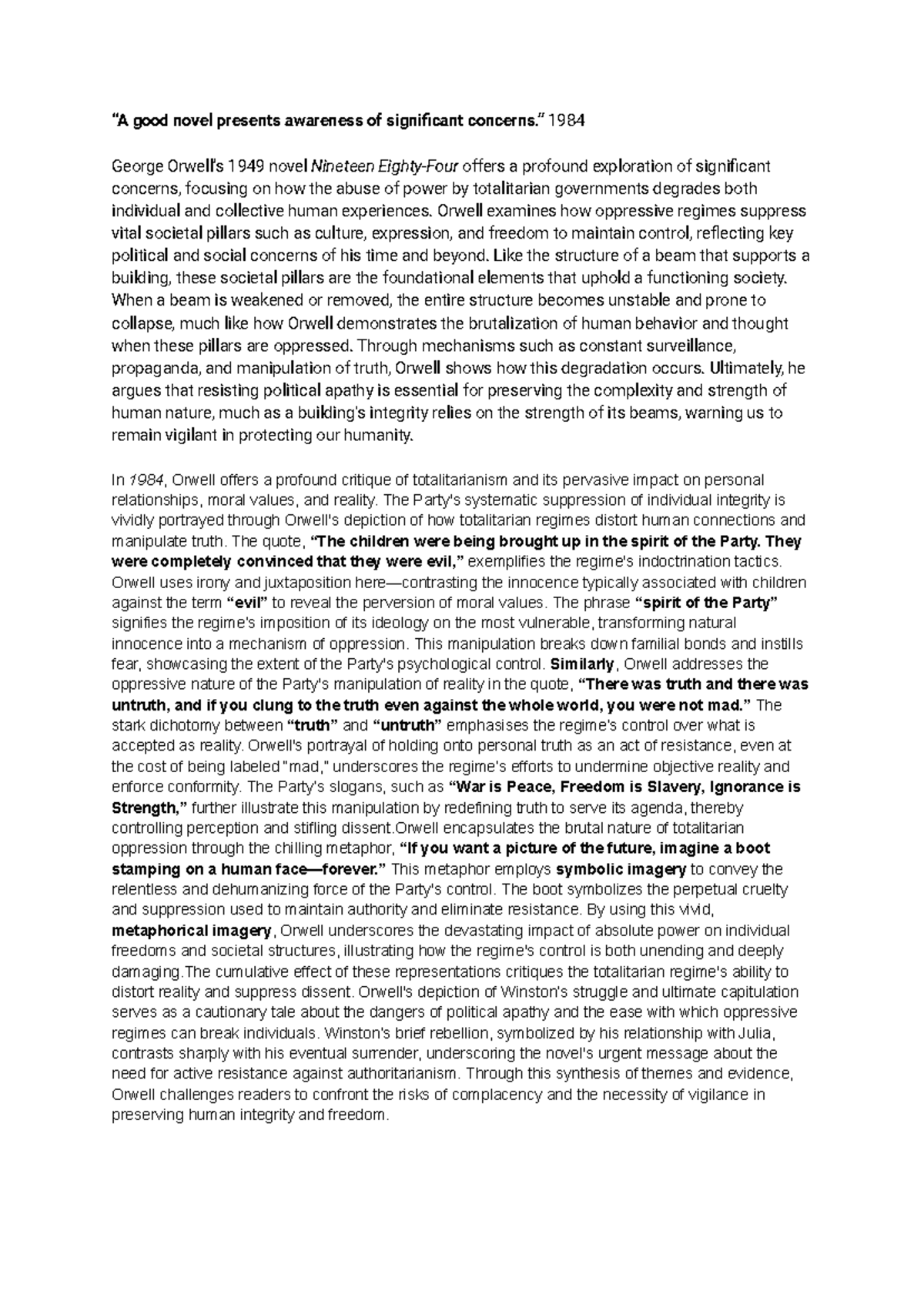 "ENG 101: Essay on Orwell's 1984 and the Dangers of Totalitarianism ...