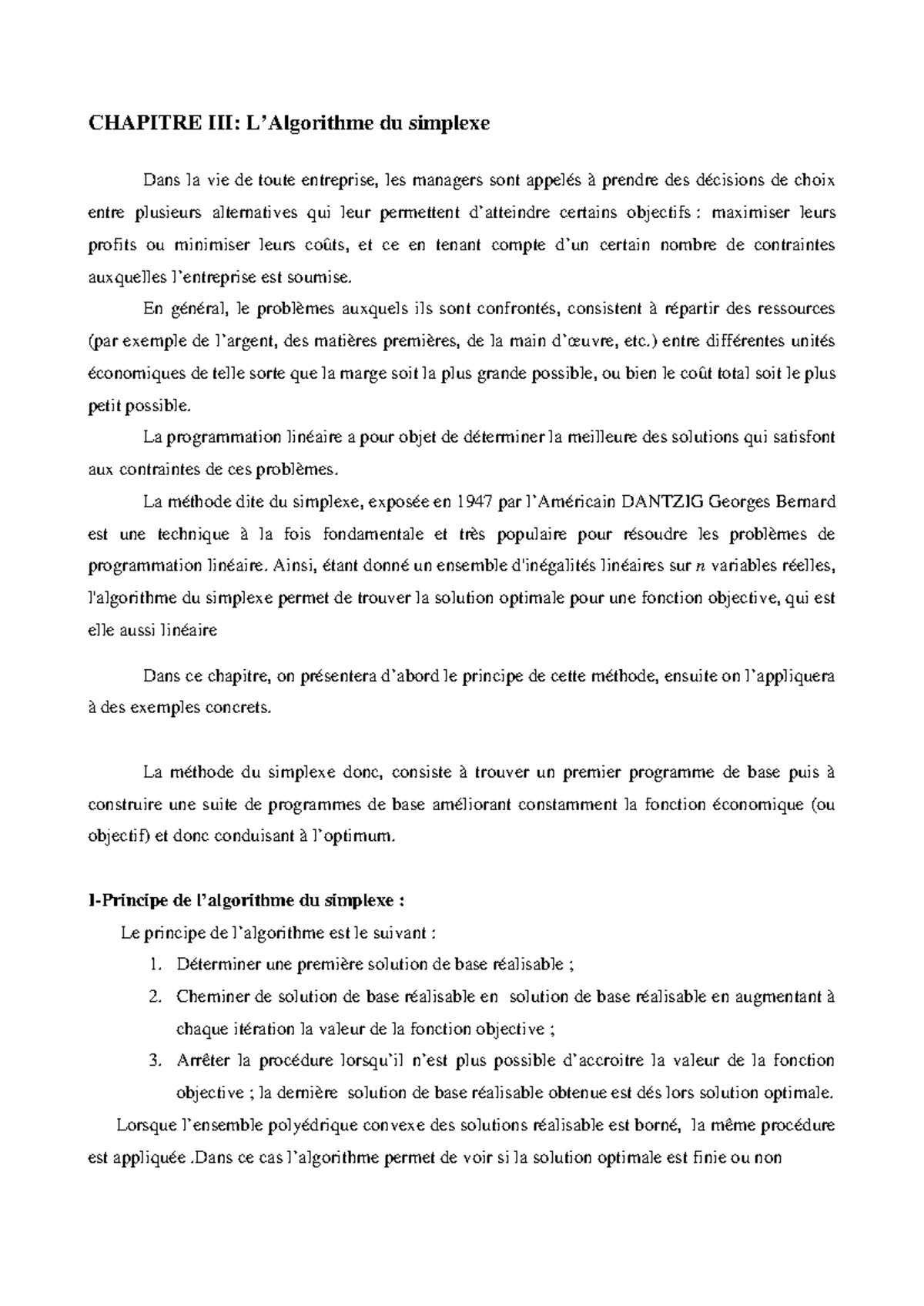 Chapitre III - Méthode du Simplexe en Programmation Linéaire - Studocu